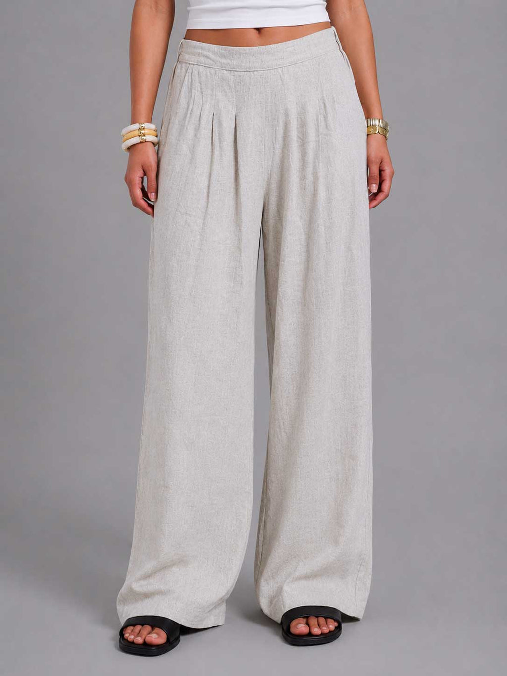 Linen Wide-Leg Pleated Trousers – Natural Beige