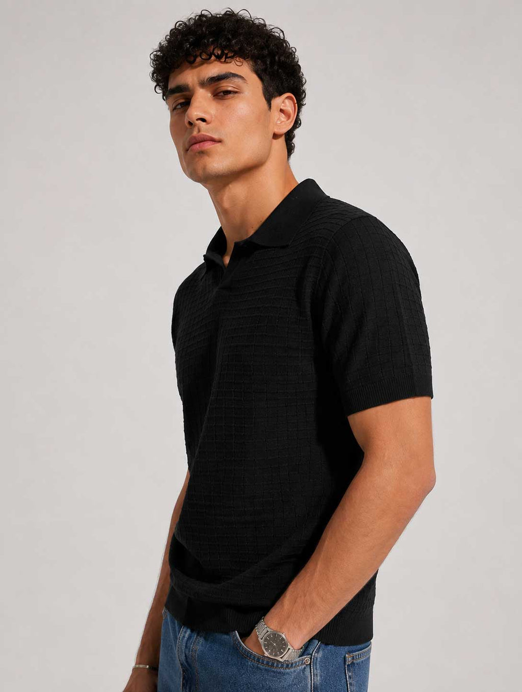 Textured Polo Shirt – Black T shirt men CIZARO - Cizaro Jeans
