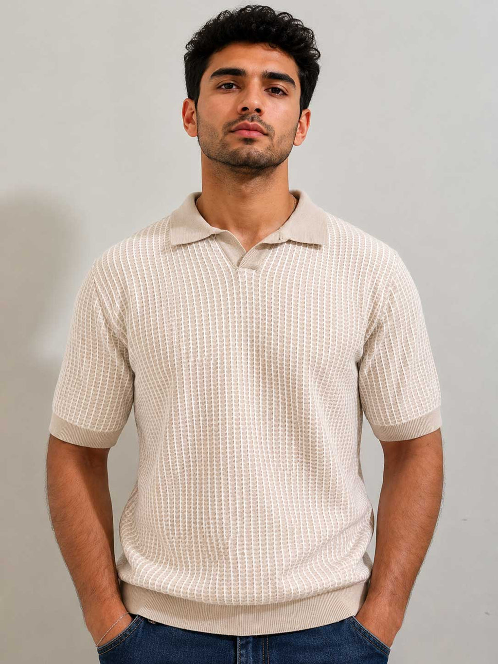 Textured Jacquard Knit Polo – Ecru Shirt CIZARO - Cizaro Jeans