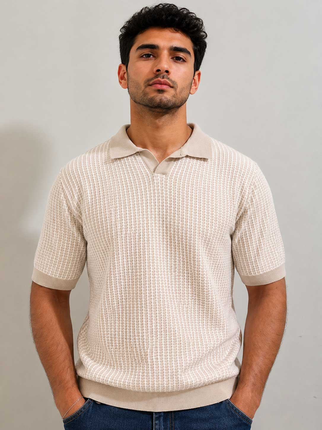 Textured Jacquard Knit Polo – Ecru Shirt CIZARO - Cizaro Jeans