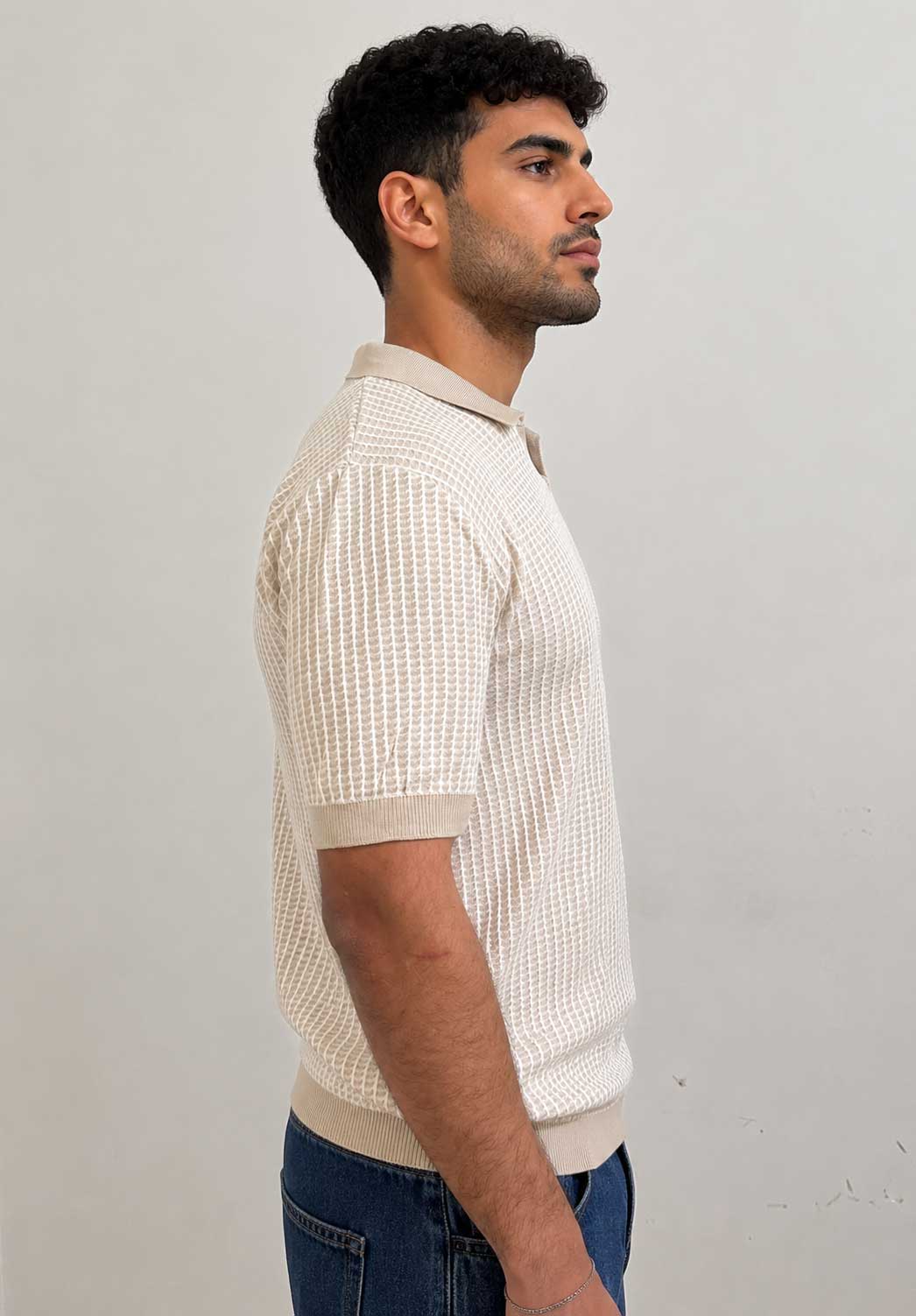 Textured Jacquard Knit Polo – Ecru Shirt CIZARO - Cizaro Jeans