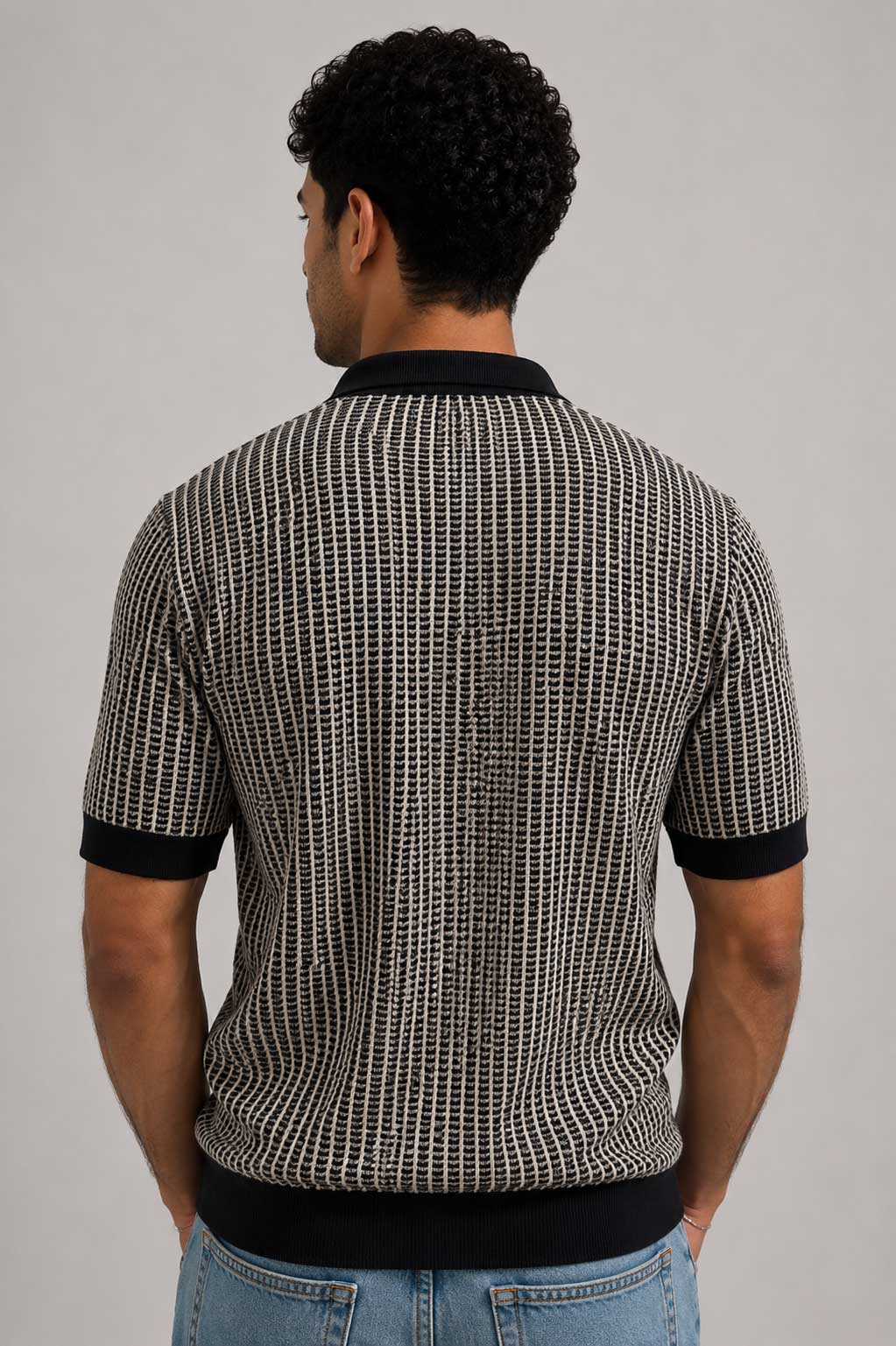 Textured Jacquard Knit Polo – Black