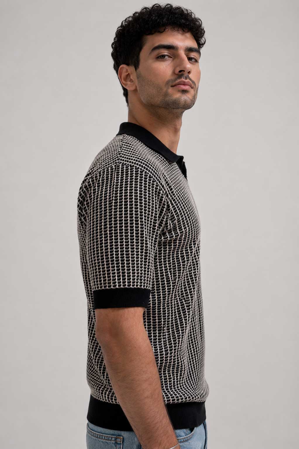 Textured Jacquard Knit Polo – Black