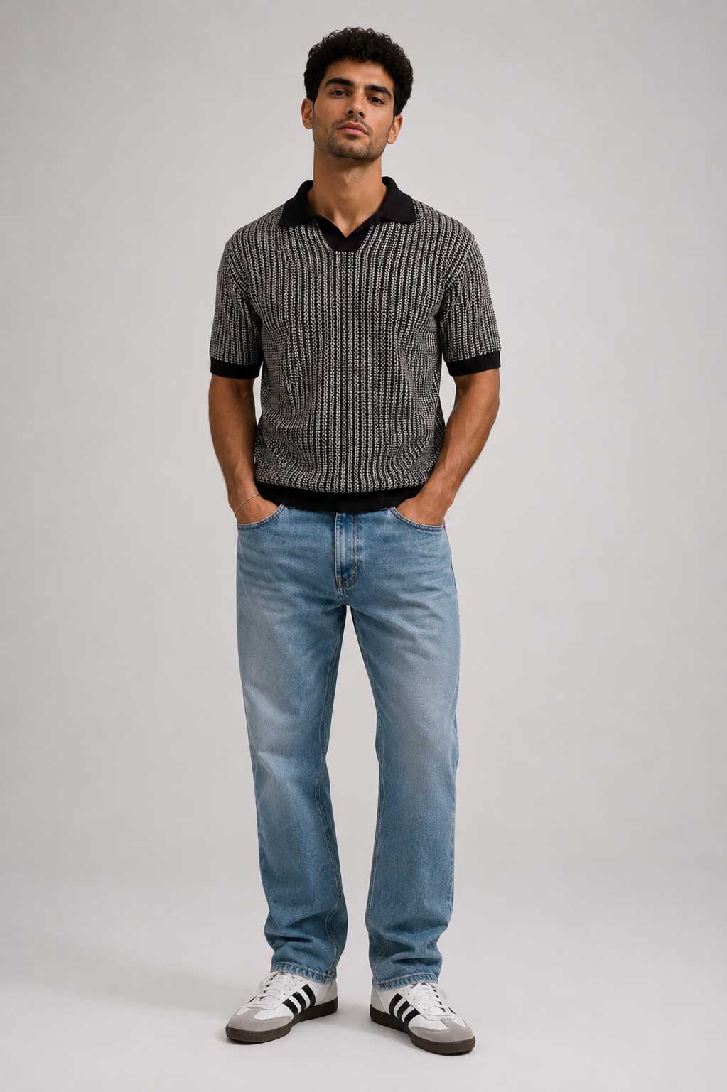 Textured Jacquard Knit Polo – Black