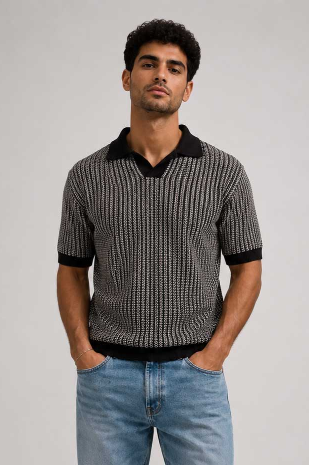 Textured Jacquard Knit Polo – Black