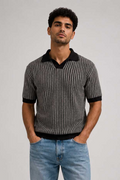 Textured Jacquard Knit Polo – Black