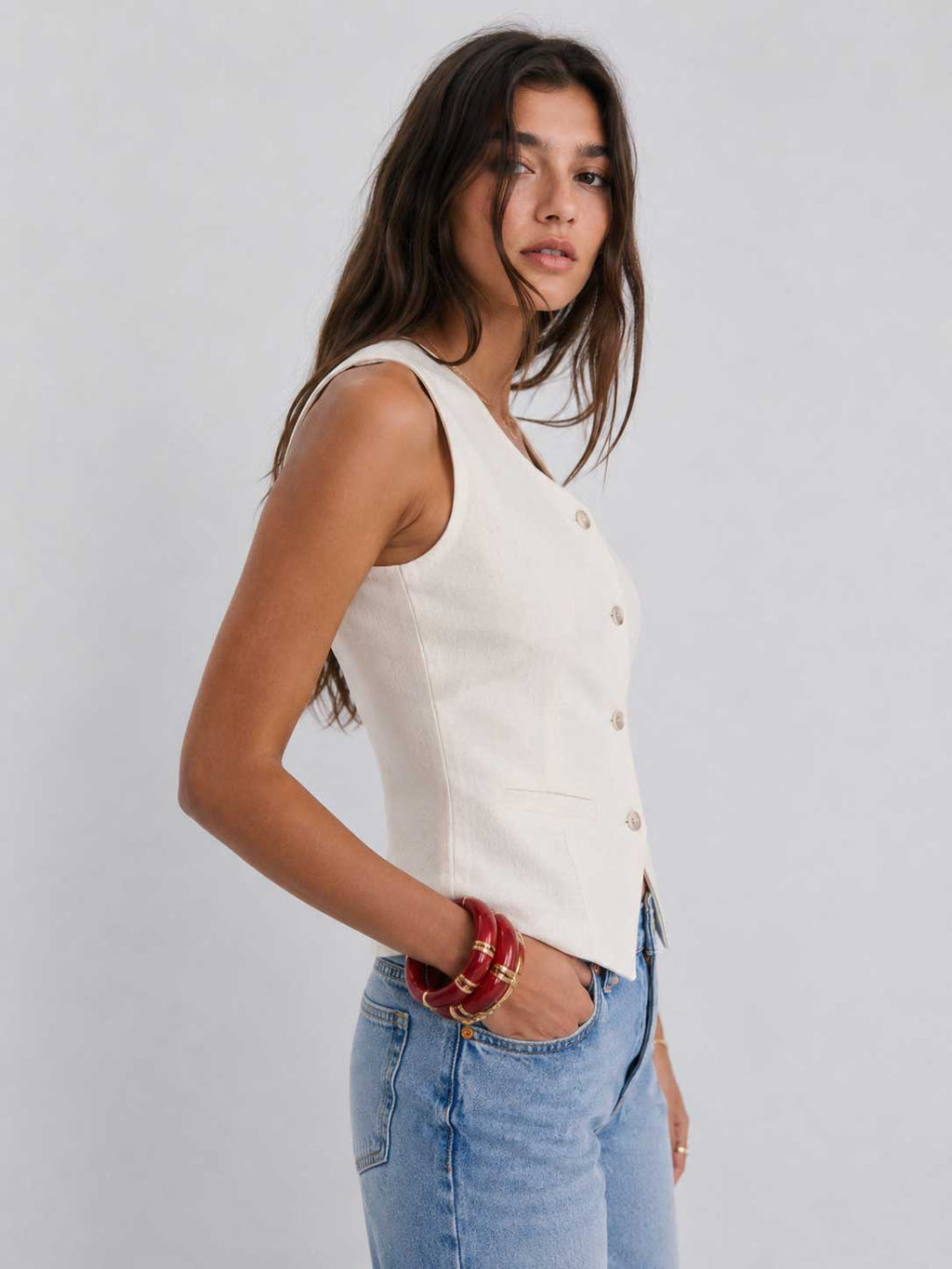 Ecru Button-Down Linen-effect Waistcoat