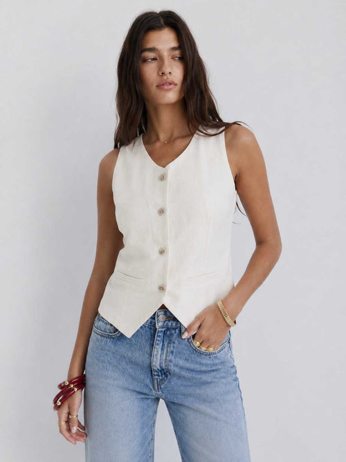 Ecru Button-Down Linen-effect Waistcoat Vest CIZARO - Cizaro Jeans