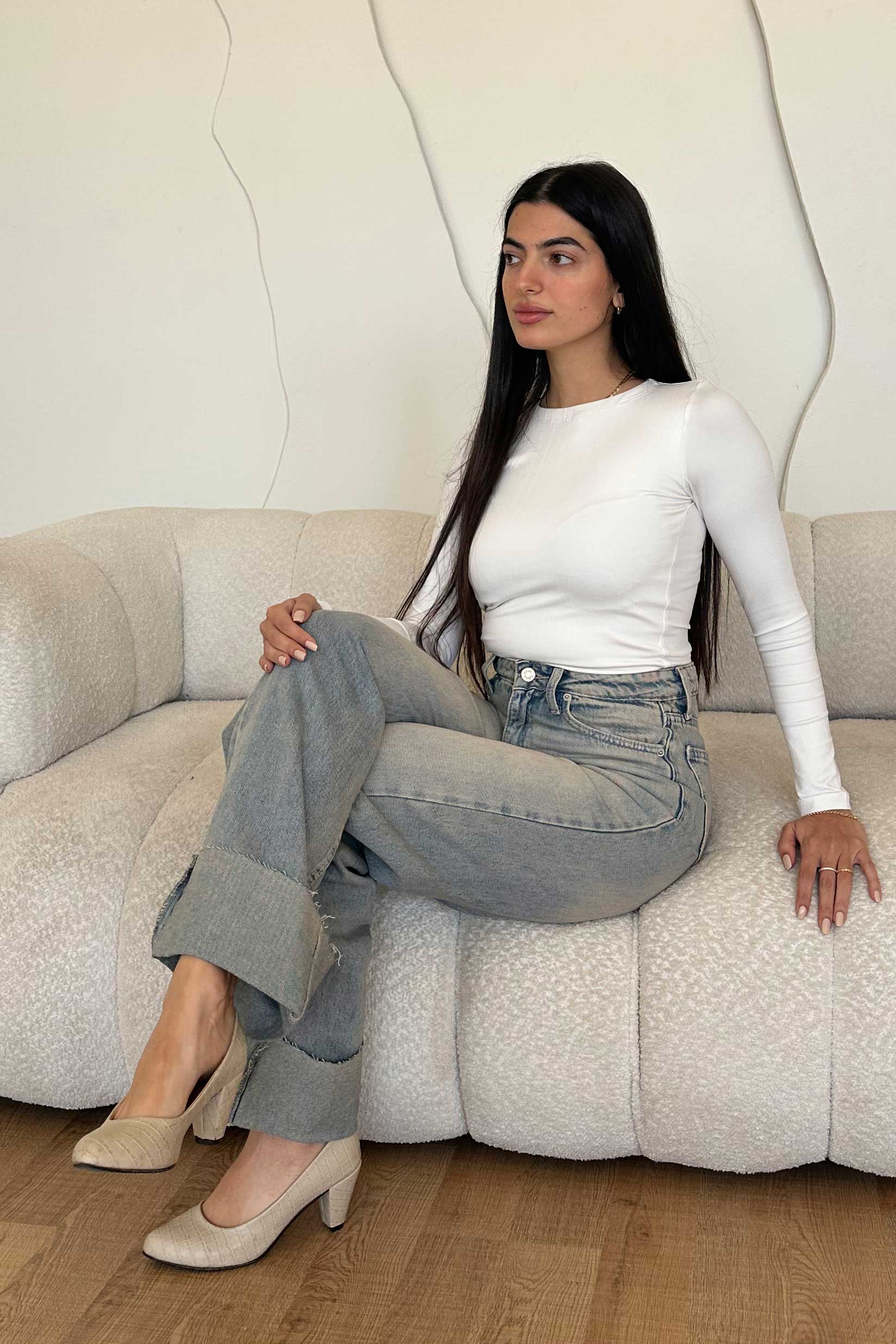 Wide Leg – Mid Rise Raw Hem Turn Up Light Vintage Blue Jeans wide leg CIZARO - Cizaro Jeans