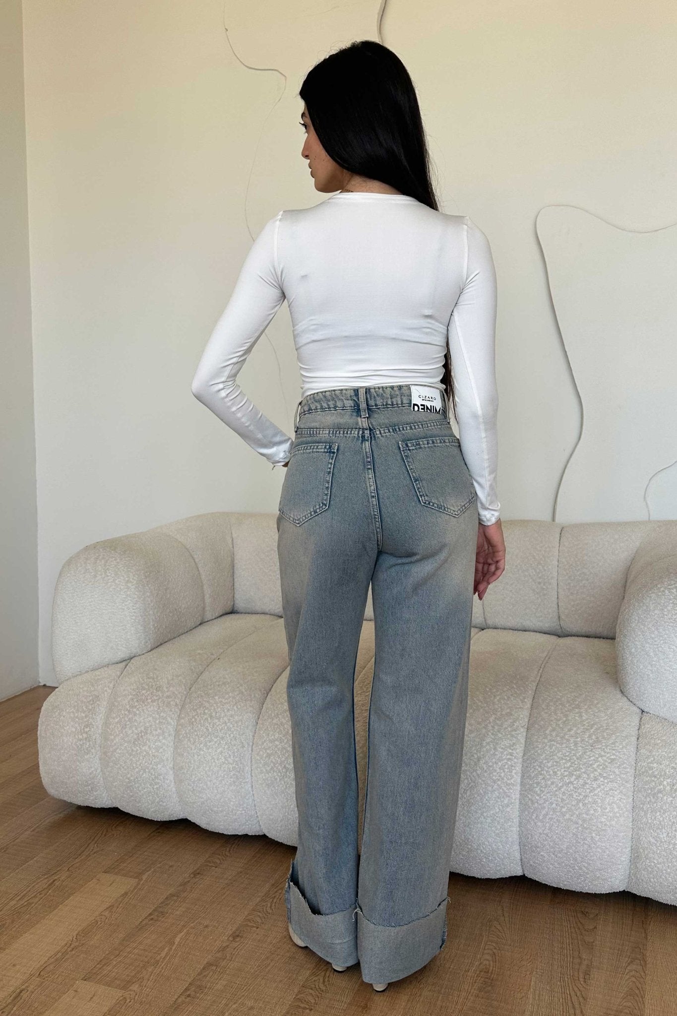 Wide Leg – Mid Rise Raw Hem Turn Up Light Vintage Blue Jeans wide leg CIZARO - Cizaro Jeans