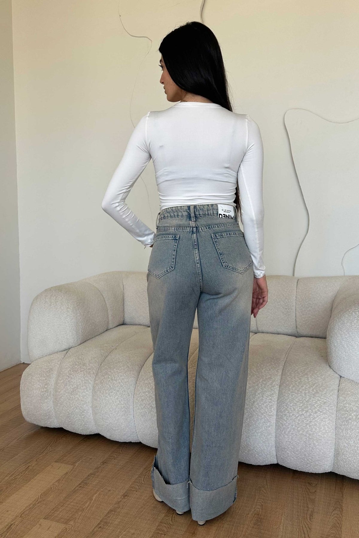 Wide Leg – Mid Rise Raw Hem Turn Up Light Vintage Blue Jeans Wide-Leg CIZARO - Cizaro Jeans