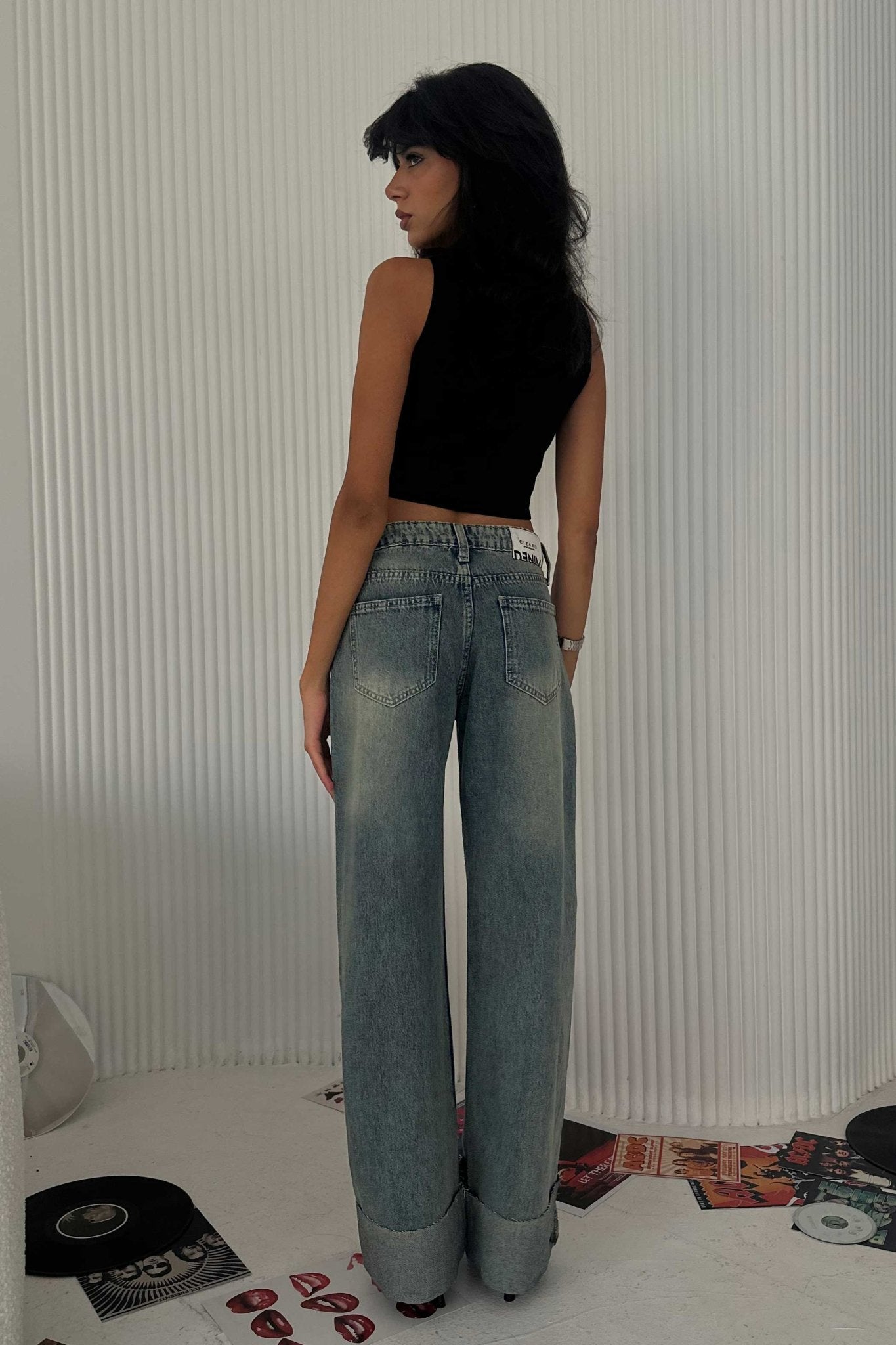 Wide-Leg Raw Hem Turn-Up - High-Waist Mid Vintage Blue Jeans wide leg CIZARO - Cizaro Jeans