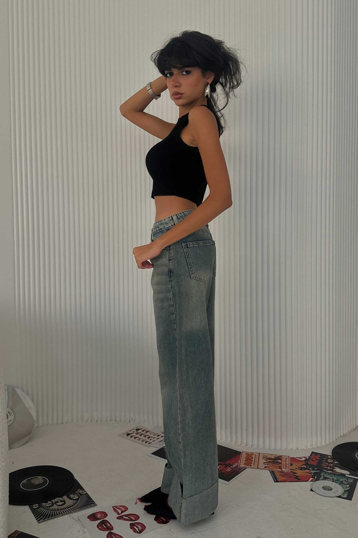 Wide-Leg Raw Hem Turn-Up - High-Waist Mid Vintage Blue Jeans wide leg CIZARO - Cizaro Jeans