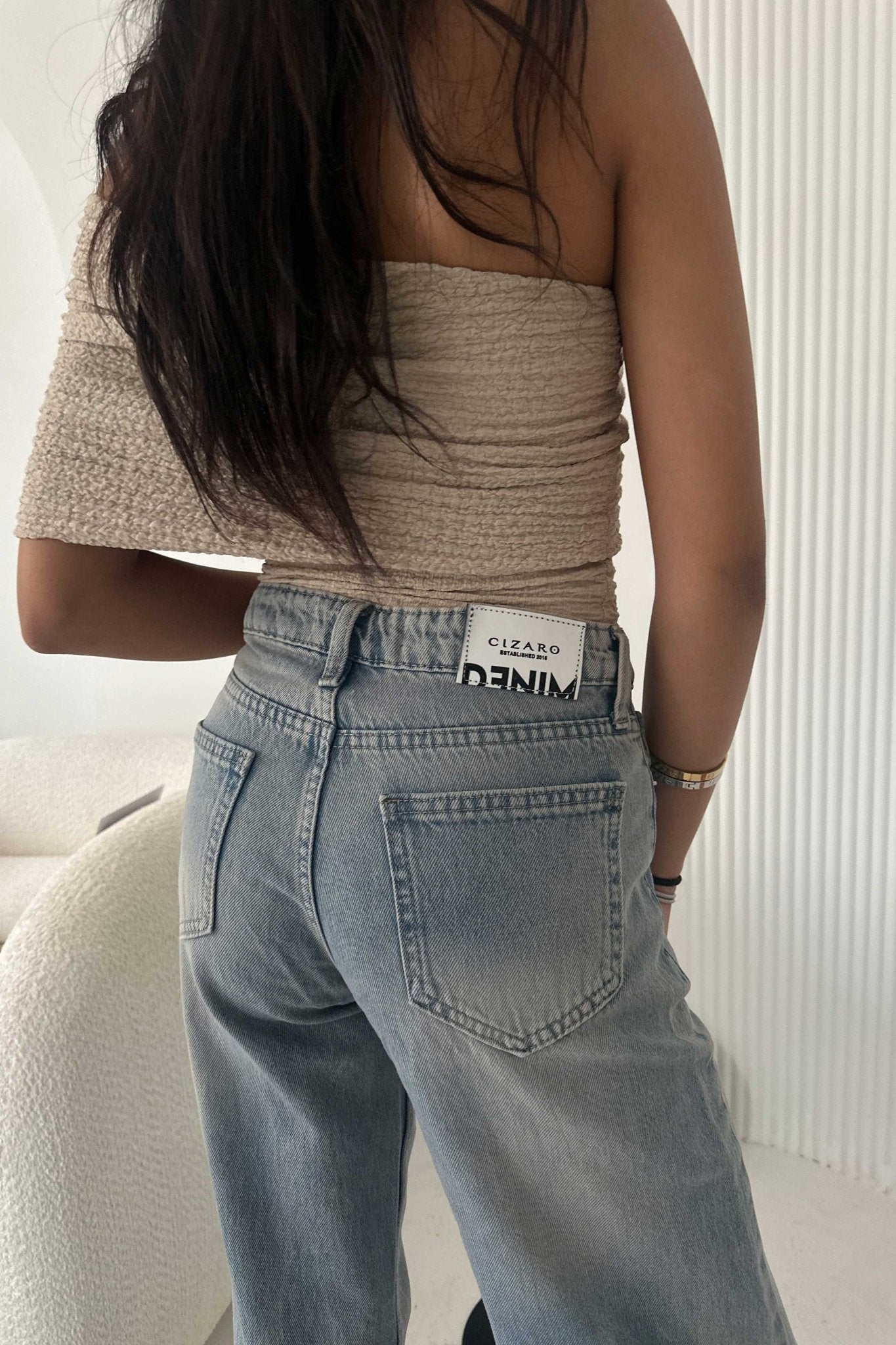 Wide-Leg Raw Hem Turn-Up - High-Waist Light Vintage Blue Jeans Wide-Leg CIZARO - Cizaro Jeans