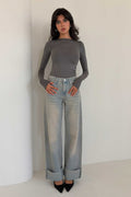 Wide Leg – Mid Rise Raw Hem Turn Up Light Vintage Blue Jeans Wide-Leg CIZARO - Cizaro Jeans