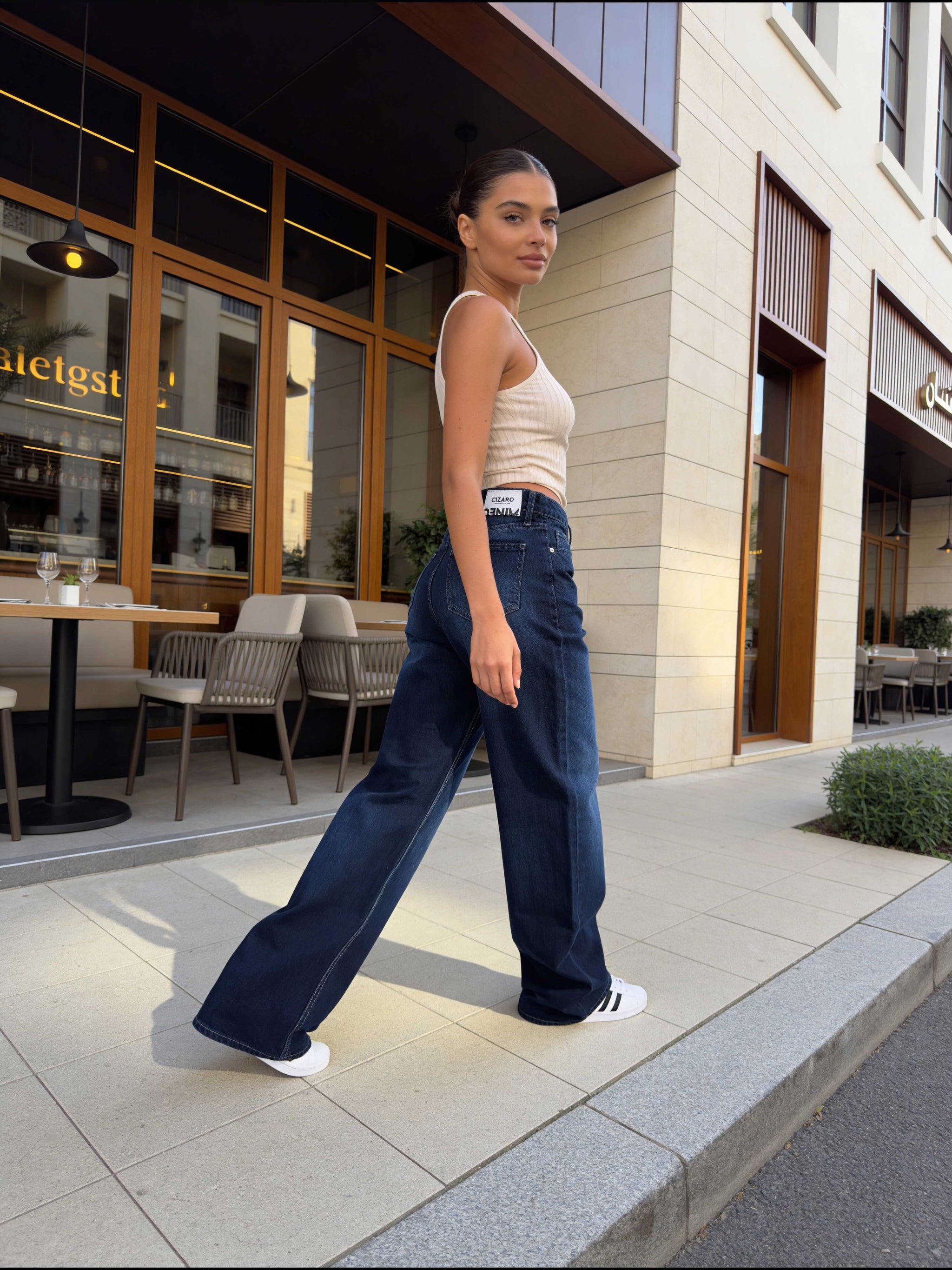 Wide-Leg – High-Waist Navy Blue Jeans Wide Leg CIZARO - Cizaro Jeans