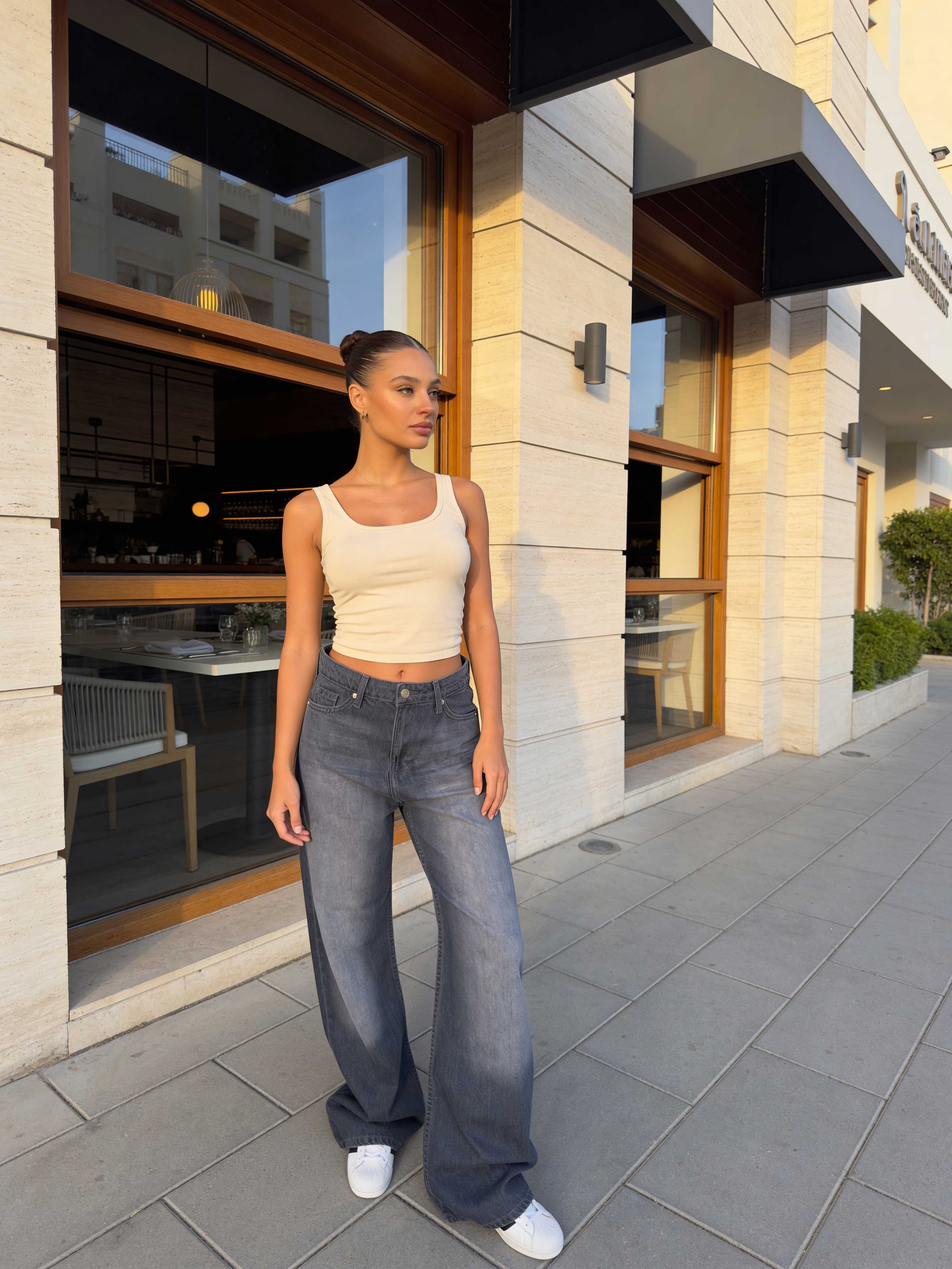 Wide-Leg – High-Waist Washed Grey Jeans Wide Leg CIZARO - Cizaro Jeans
