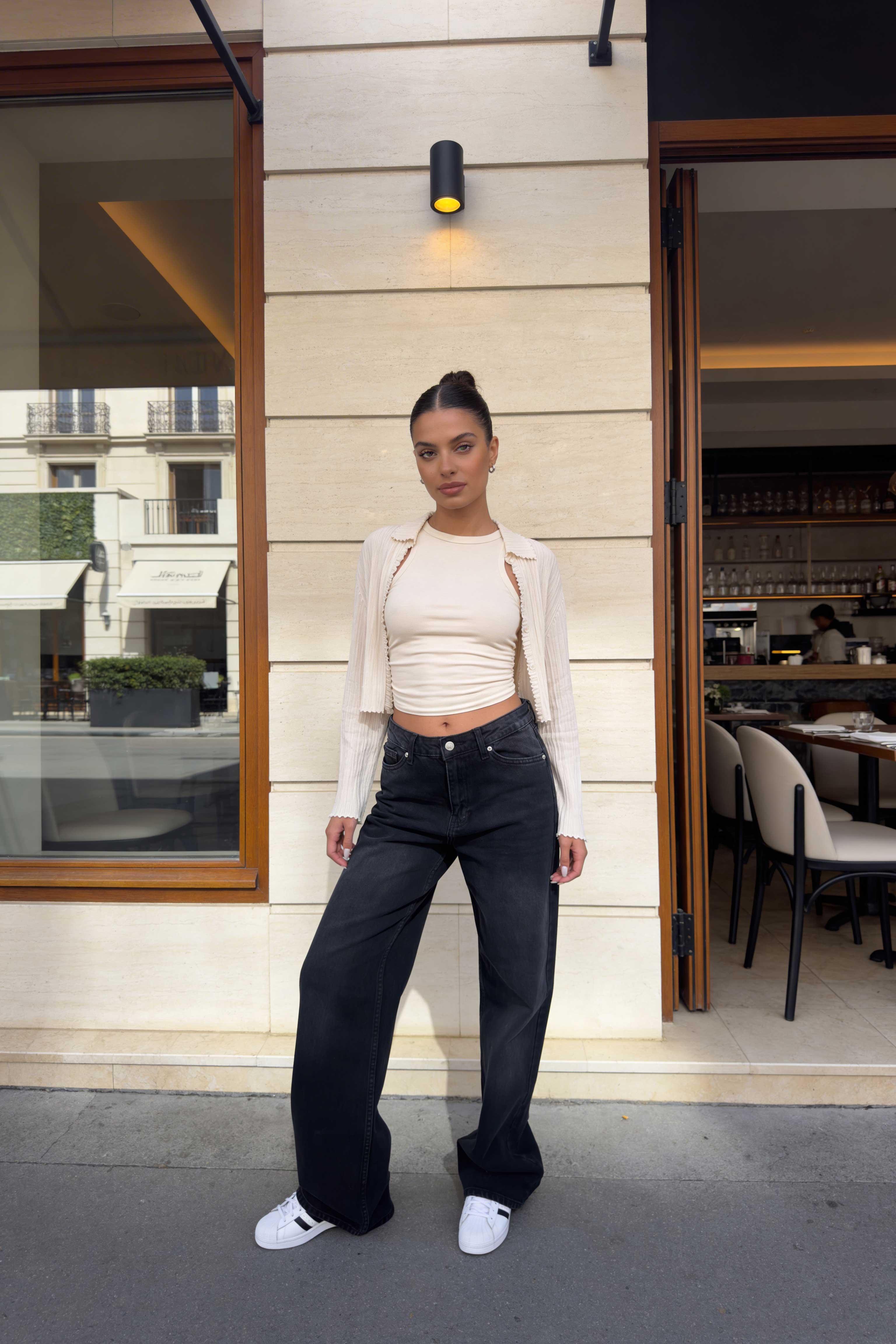 Wide-Leg - Mid-Waist Charcoal Black Jeans Wide-Leg CIZARO - Cizaro Jeans