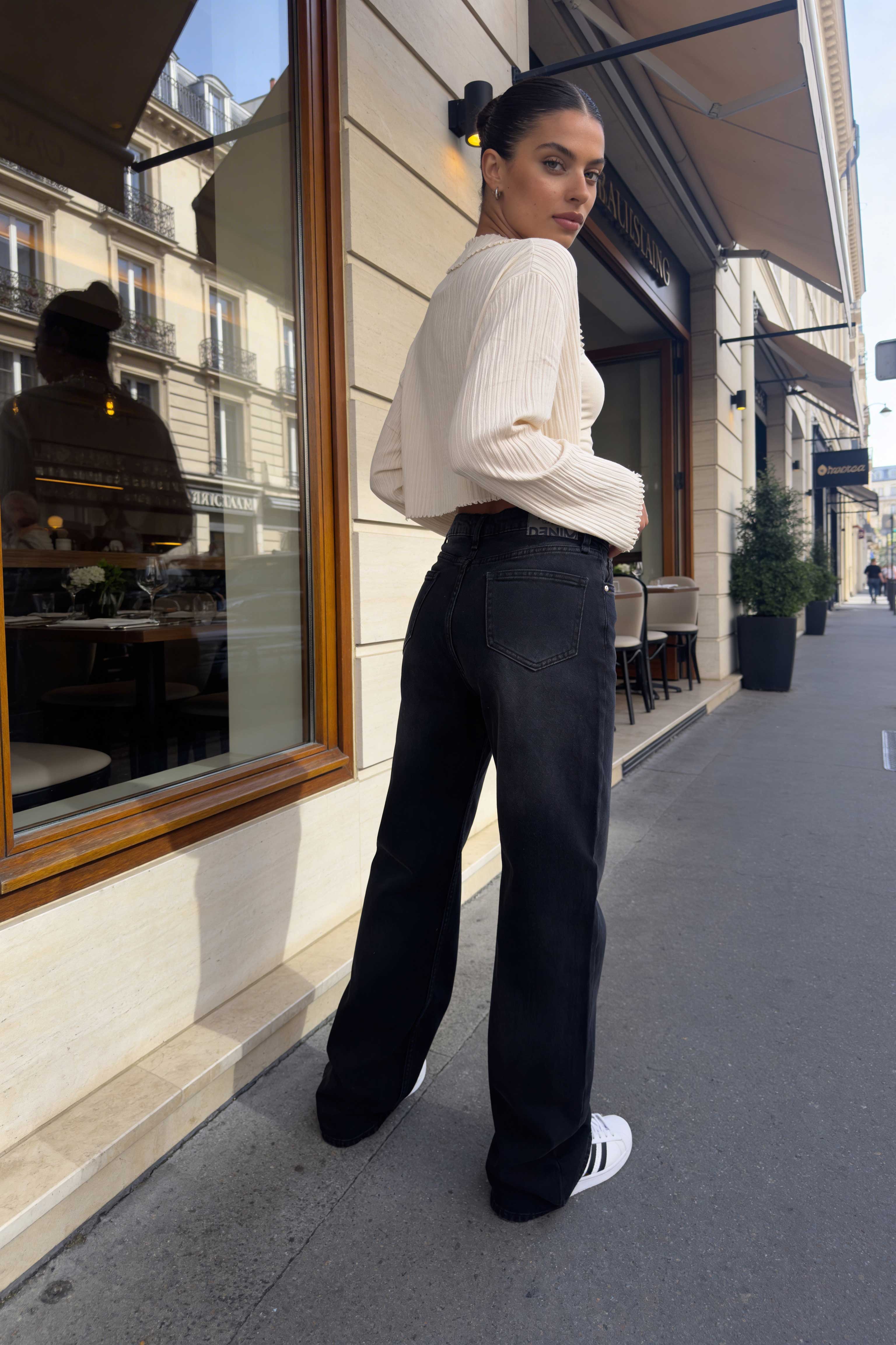 Wide-Leg - Mid-Waist Charcoal Black Jeans Wide-Leg CIZARO - Cizaro Jeans