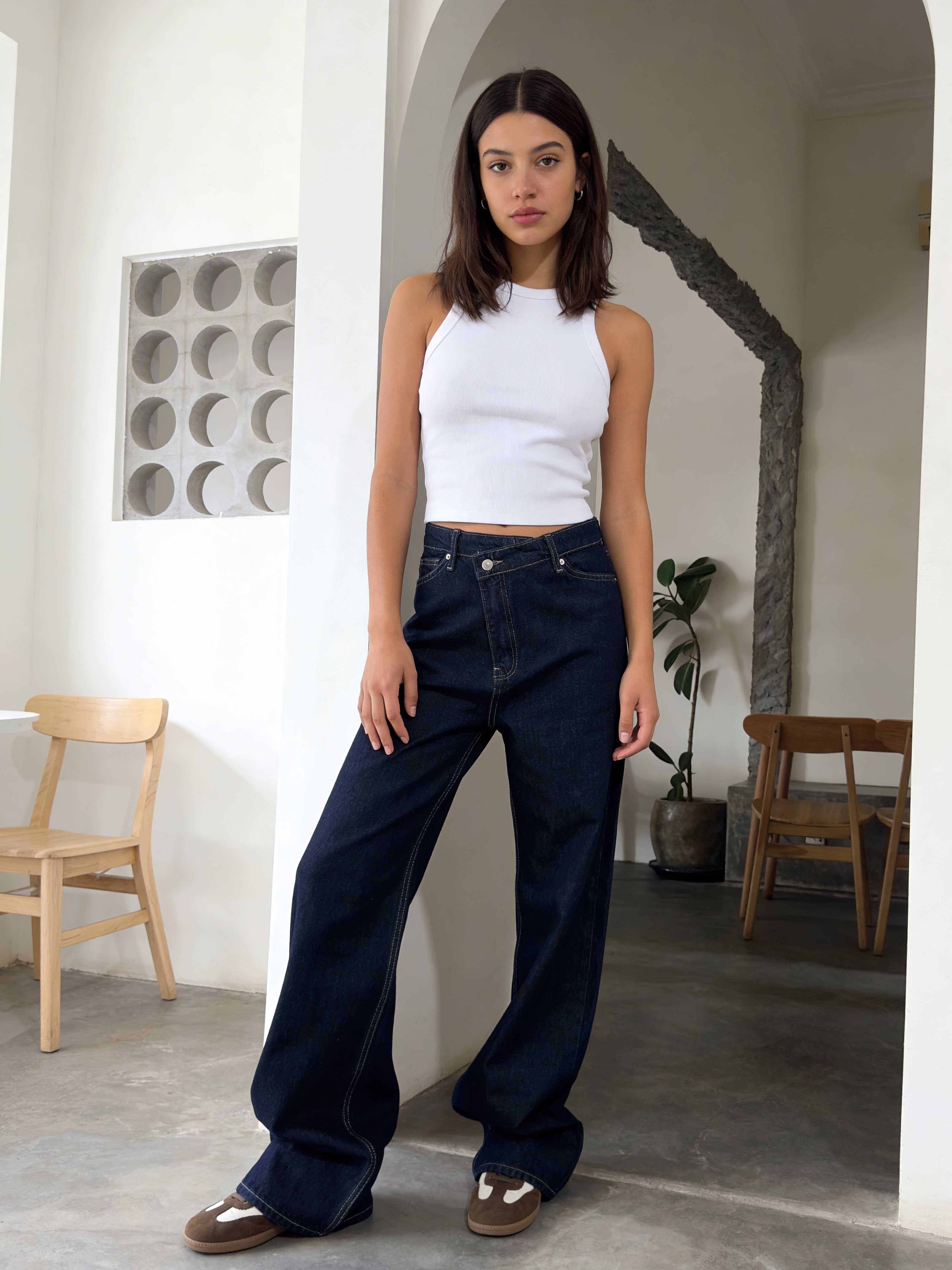 Crossover Wide-Leg – High-Waist Raw Denim Jeans Wide Leg CIZARO - Cizaro Jeans
