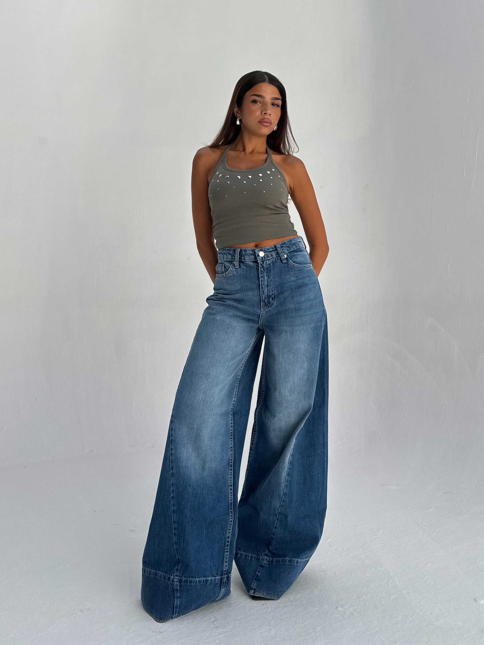 Extreme Wide Leg High Waist – Mid Acid Blue Jeans Extreme Wide Leg CIZARO - Cizaro Jeans