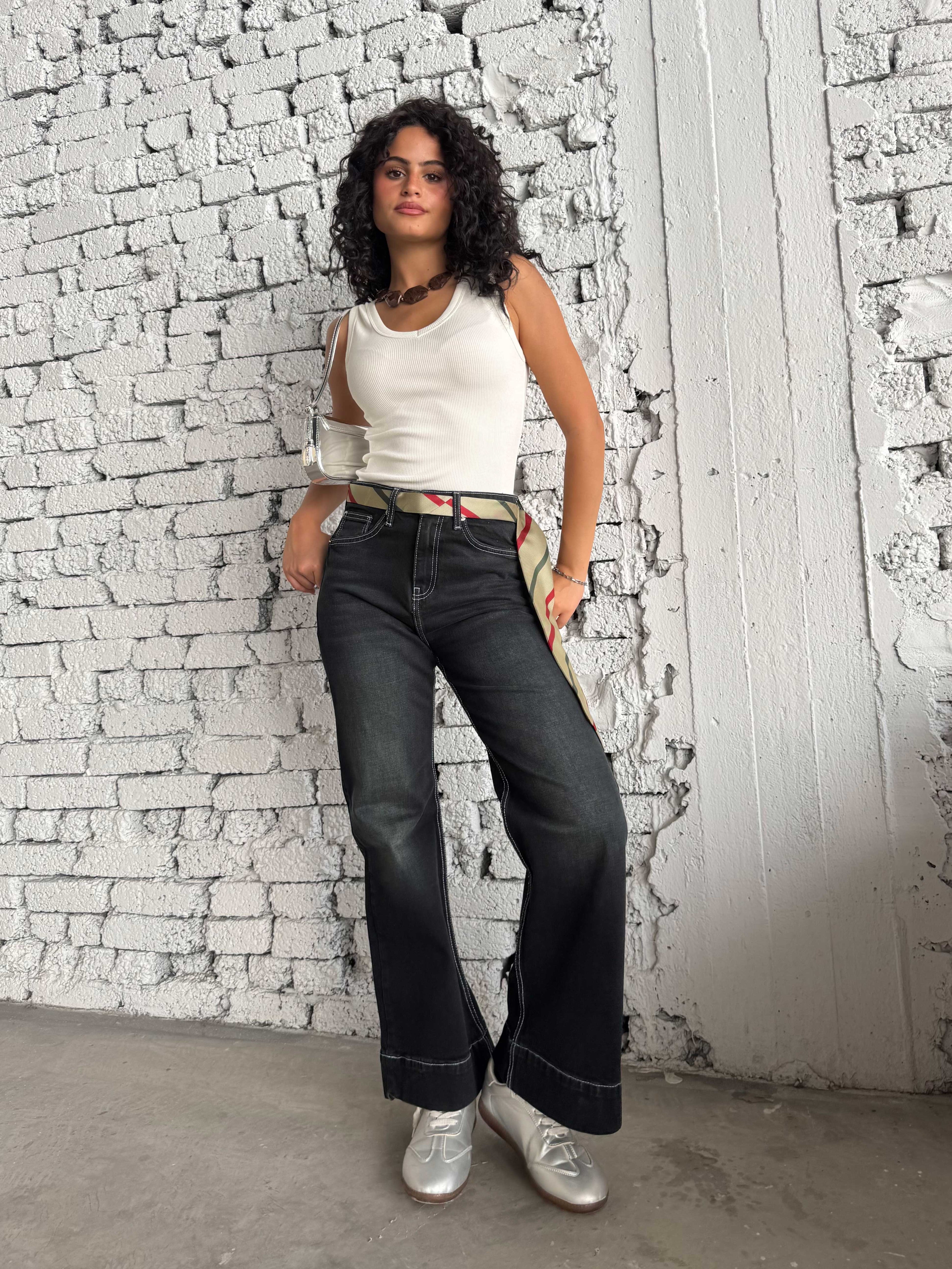 Wide leg High waist washed Black jeans