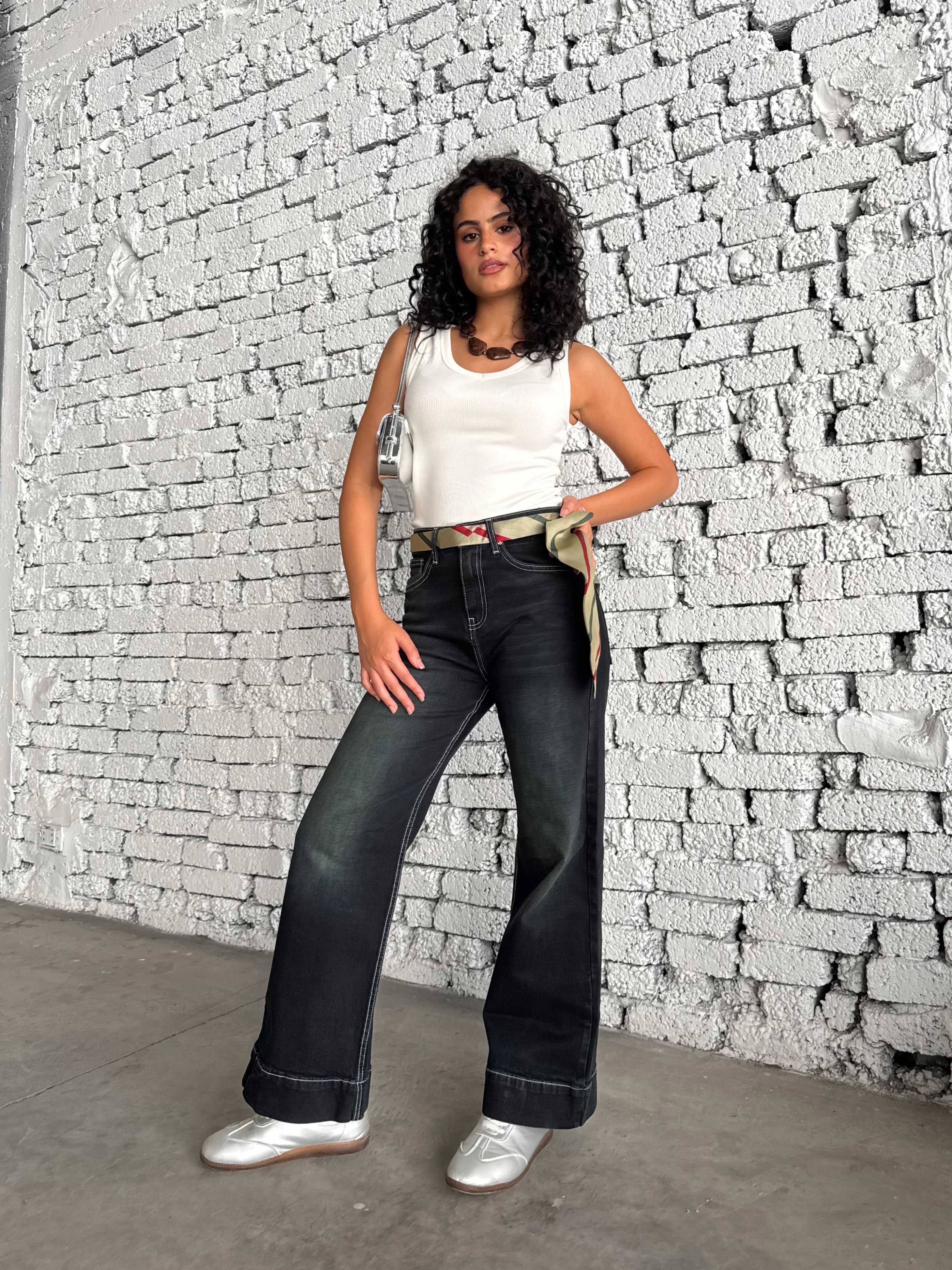 Wide leg High waist washed Black jeans