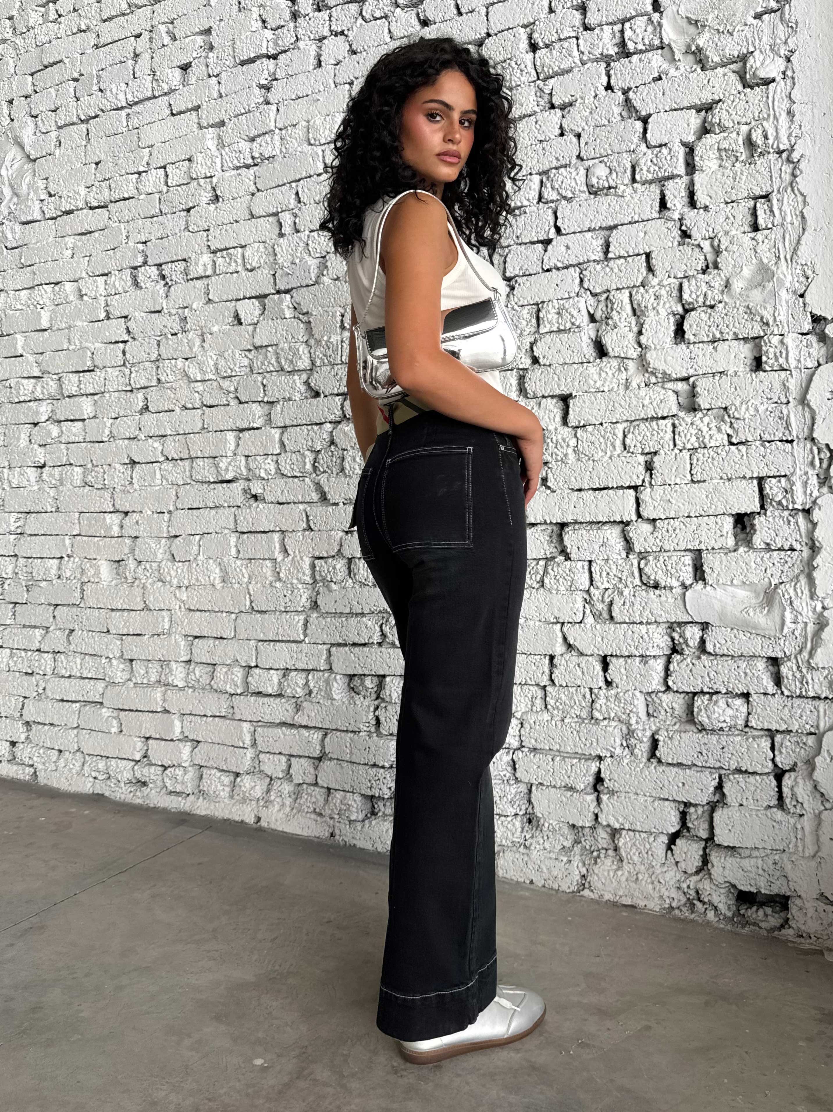 Wide leg High waist washed Black jeans