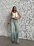 Wide Leg High Waist Raw Hem Turn-Up – Light Vintage Blue Jeans