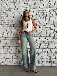 Wide Leg High Waist Raw Hem Turn-Up – Light Vintage Green Jeans