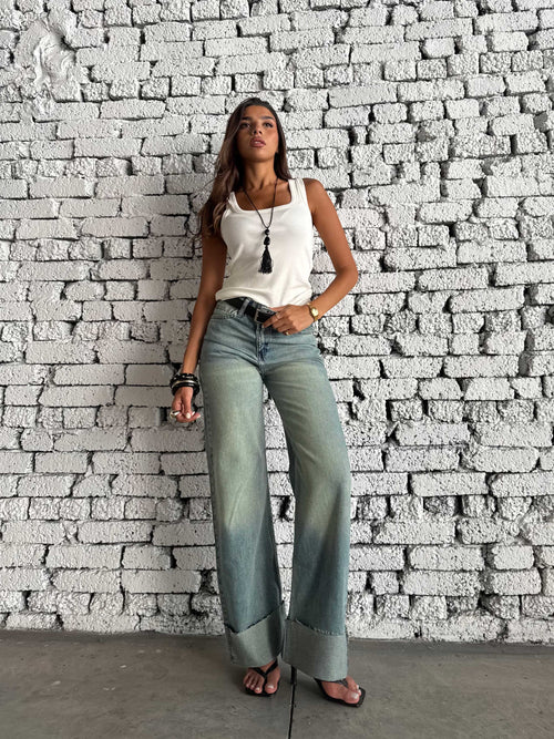 Wide Leg High Waist Raw Hem Turn-Up – Light Vintage Blue Jeans