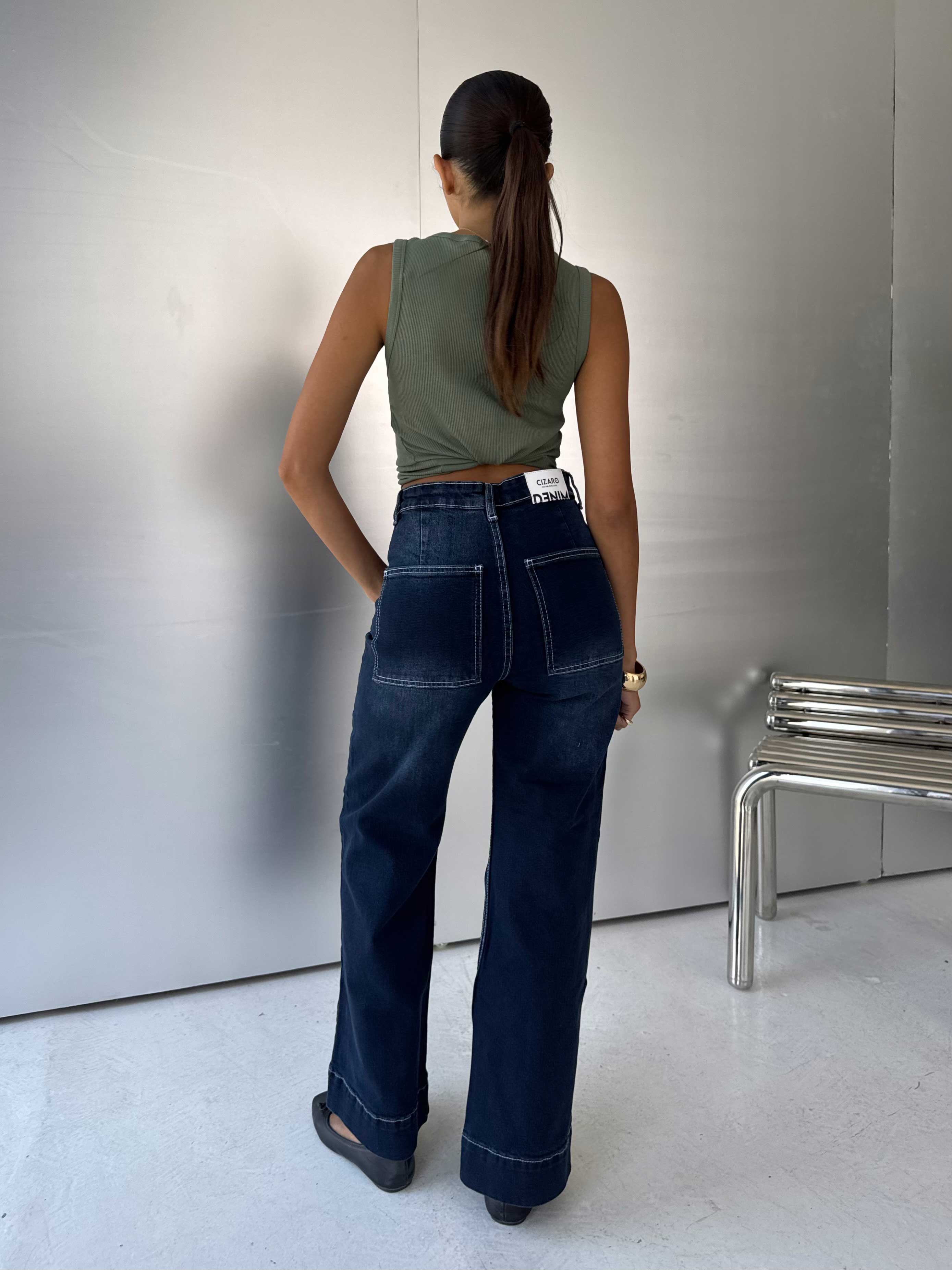 Wide-Leg High-Waist Deep Indigo Jeans