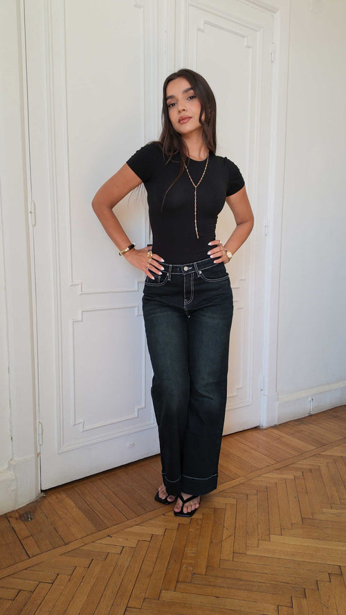 Outlined Wide leg - mid waisted charcoal black Wide-Leg CIZARO - Cizaro Jeans