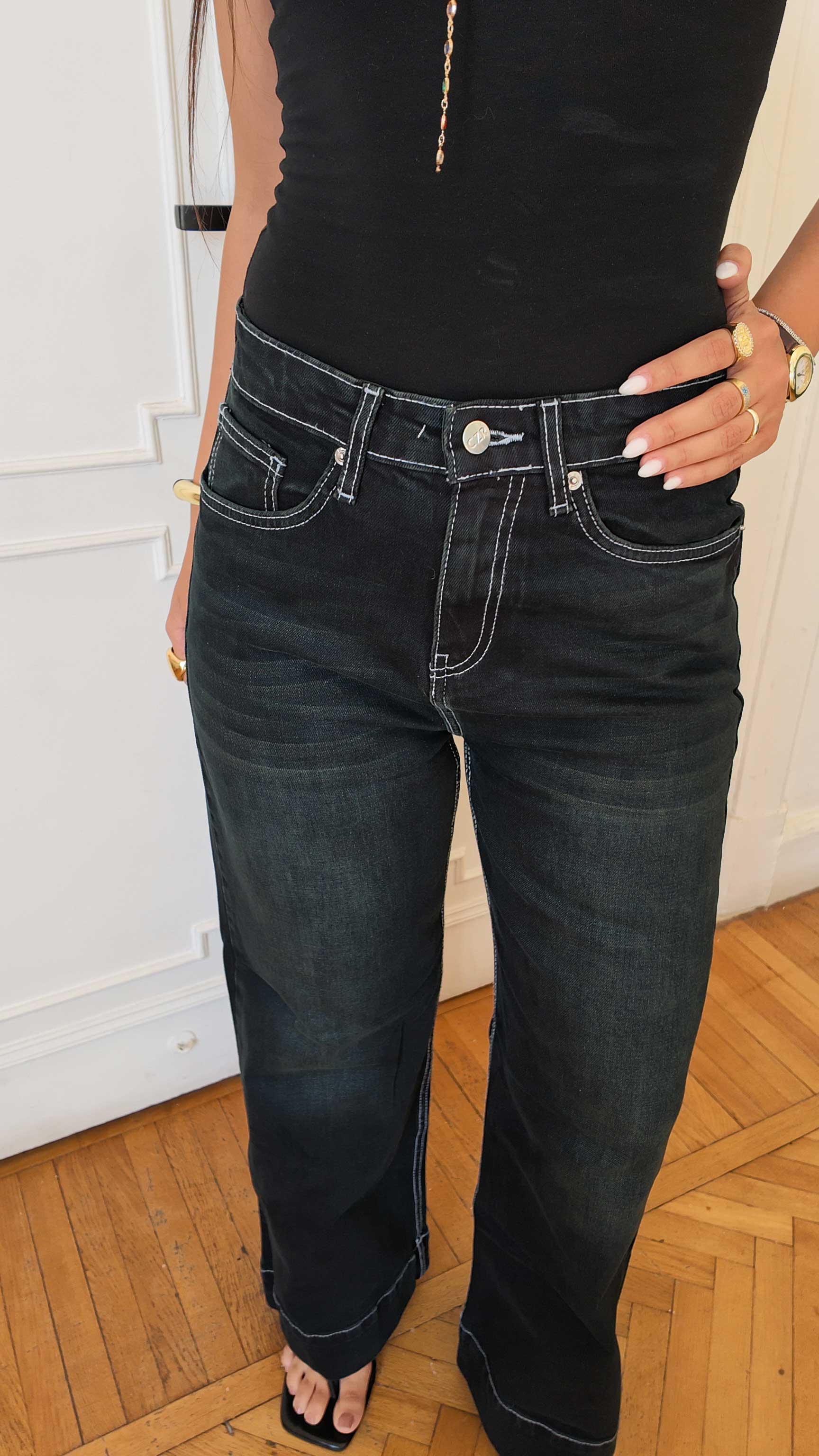 Outlined Wide leg - mid waisted charcoal black