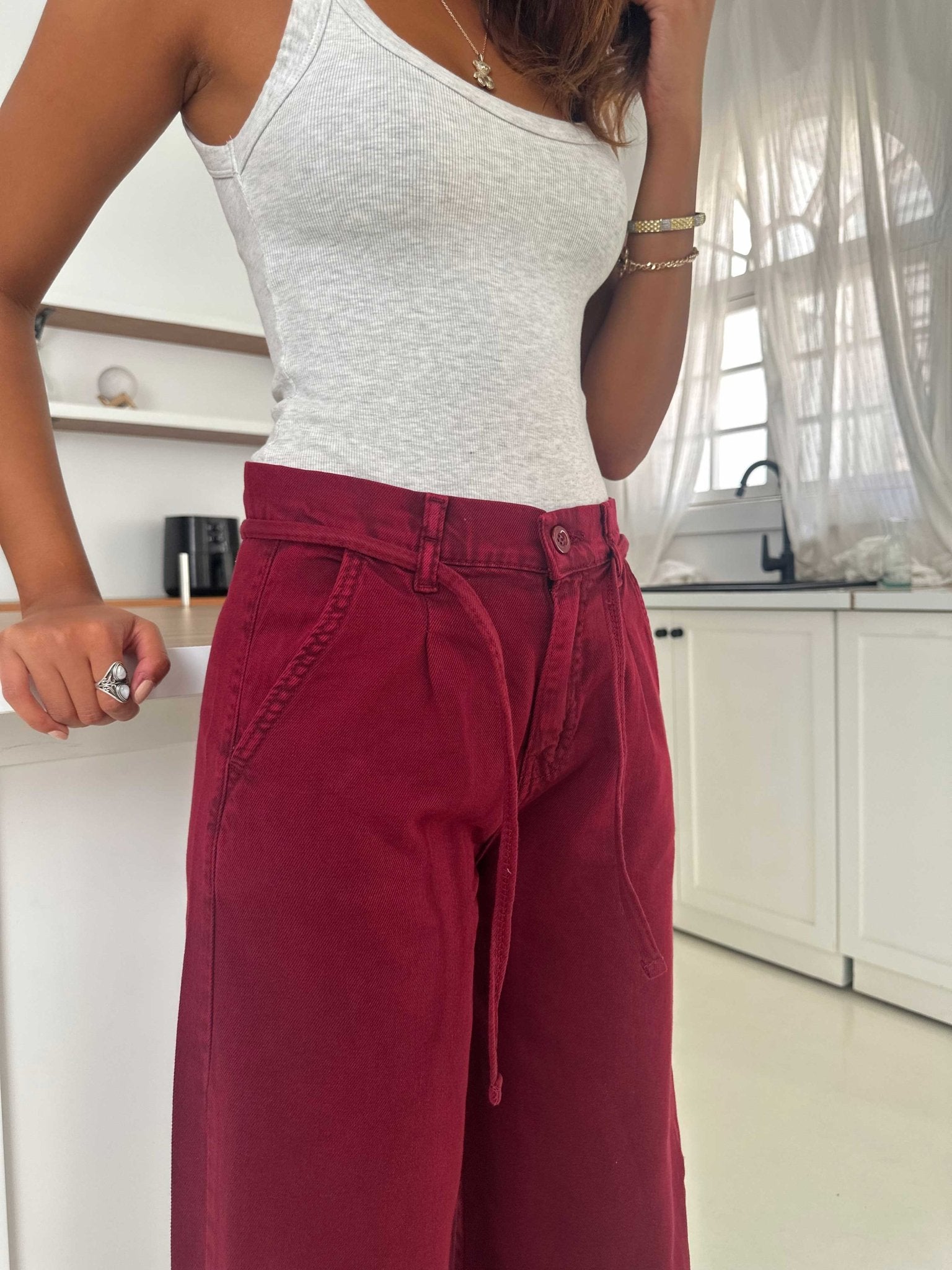 Wide Leg – Mid Rise Burgundy Jeans wide leg CIZARO - Cizaro Jeans
