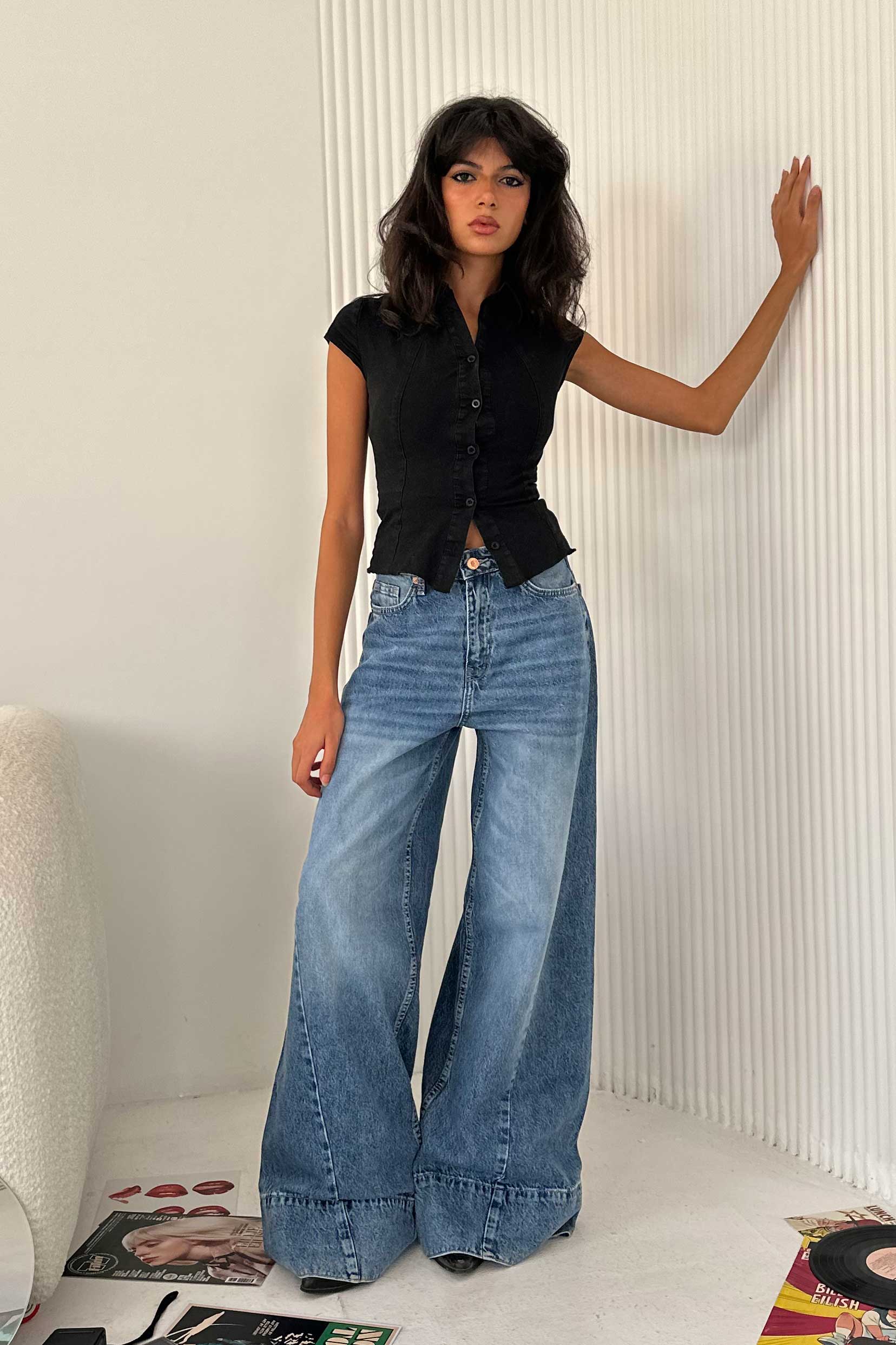 Extreme Wide-Leg - High-Waist Marine Blue Jeans Wide-Leg CIZARO - Cizaro Jeans