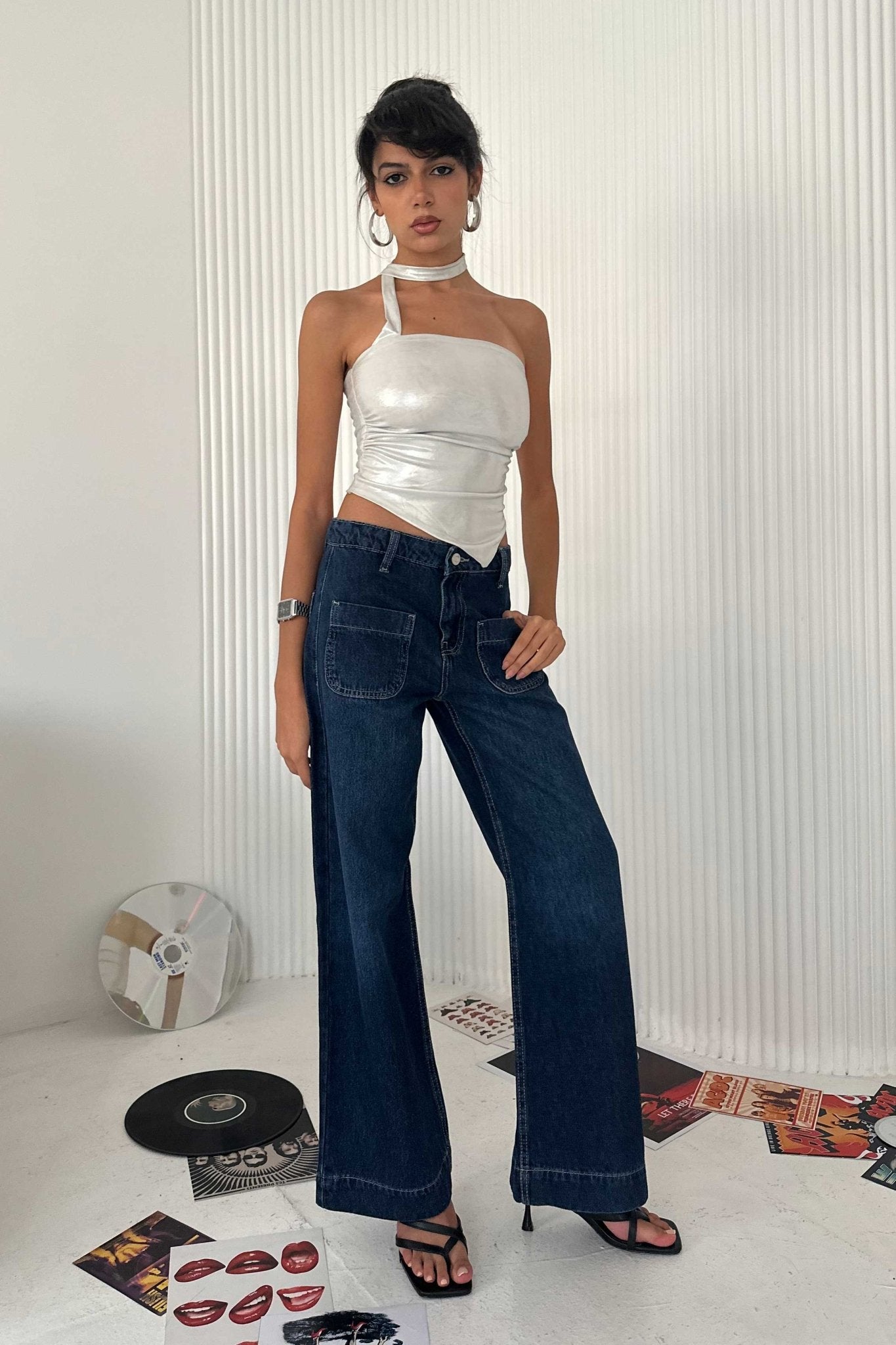 Wide Leg - Mid-Rise With Pockets Navy Blue Jeans Wide-Leg CIZARO - Cizaro Jeans
