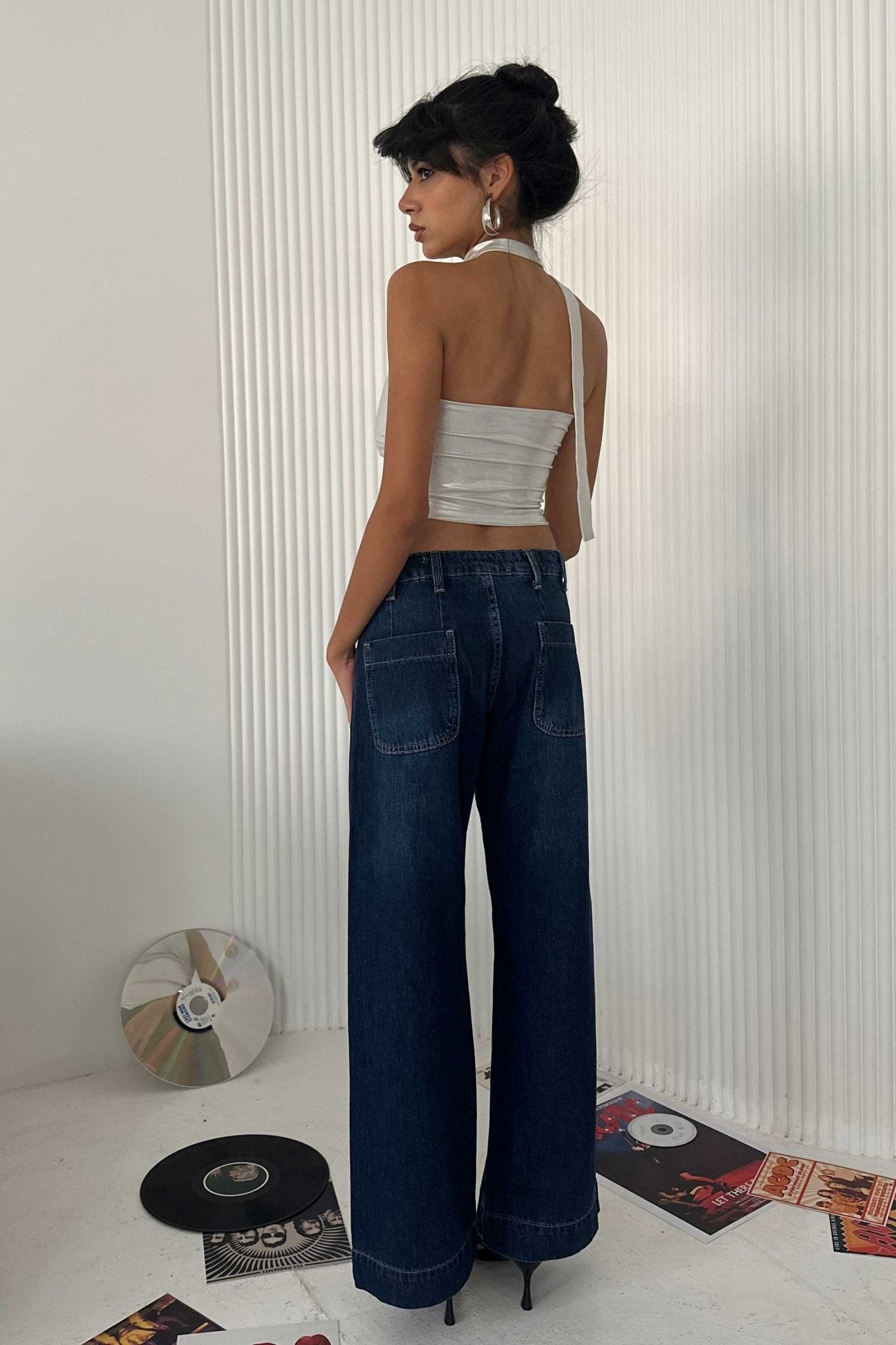 Wide Leg - Mid-Rise With Pockets Navy Blue Jeans Wide-Leg CIZARO - Cizaro Jeans