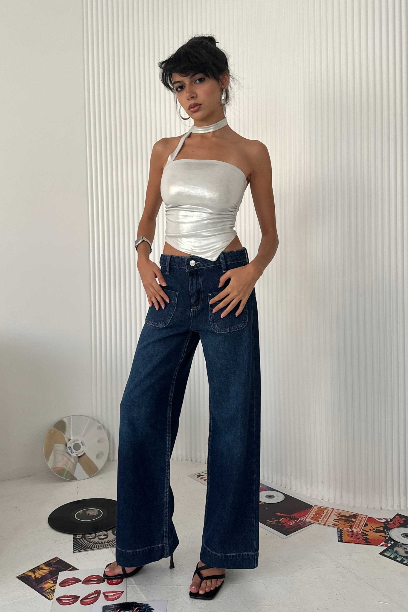 Wide Leg - Mid-Rise With Pockets Navy Blue Jeans Wide-Leg CIZARO - Cizaro Jeans