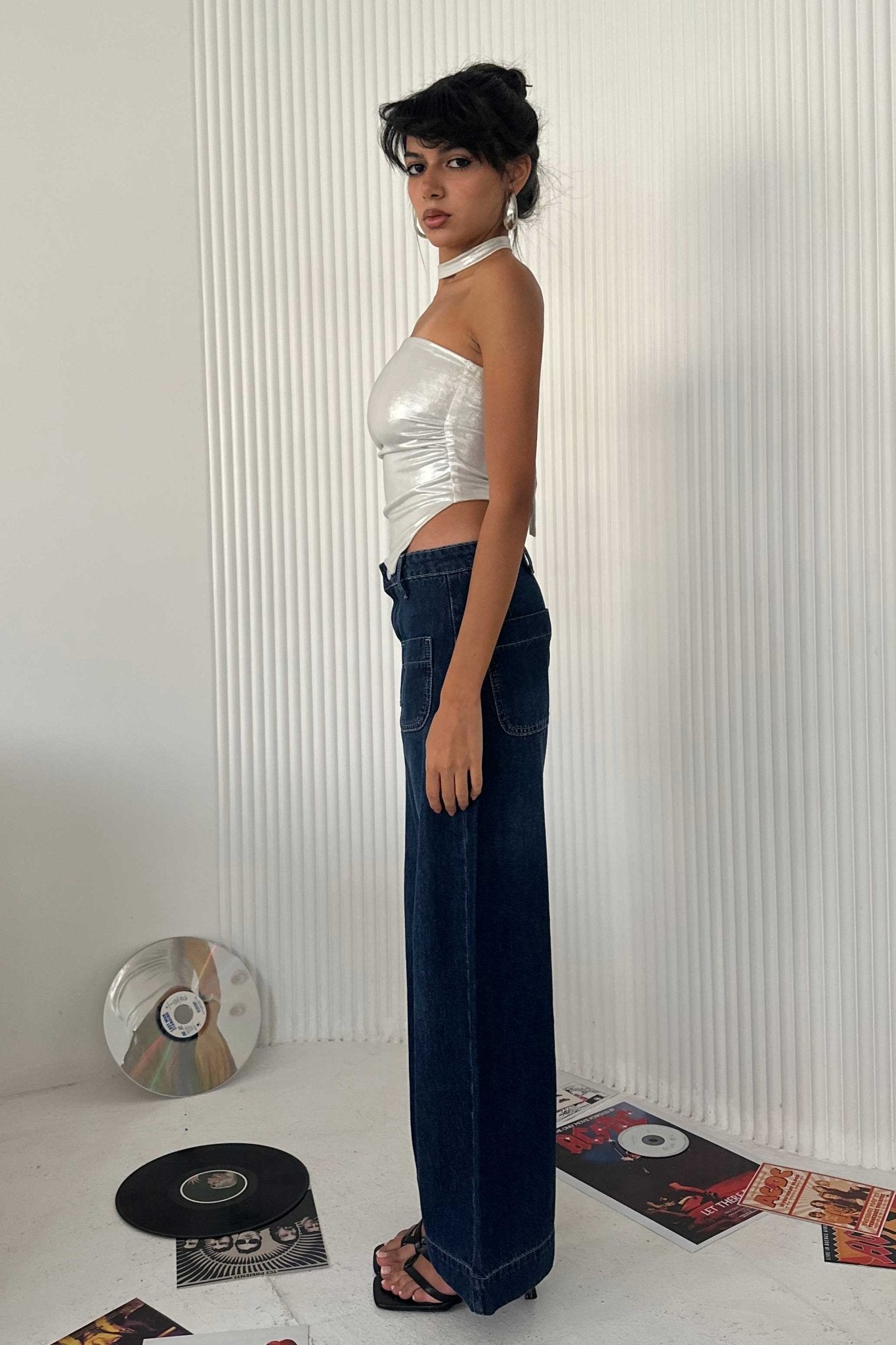 Wide Leg - Mid-Rise With Pockets Navy Blue Jeans Wide-Leg CIZARO - Cizaro Jeans