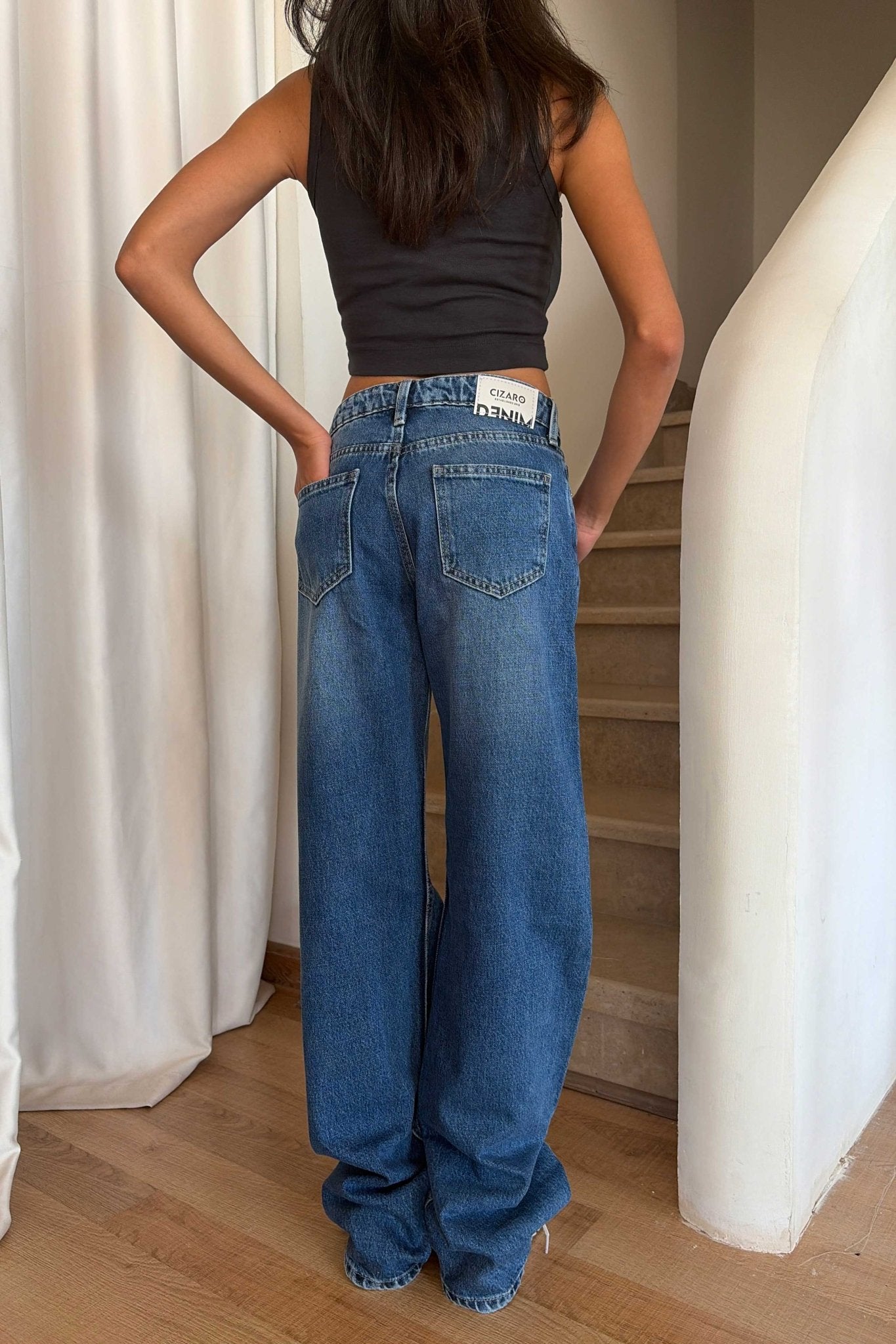 Wide Leg – Mid Rise Mid Blue Jeans Mom-Fit CIZARO - Cizaro Jeans