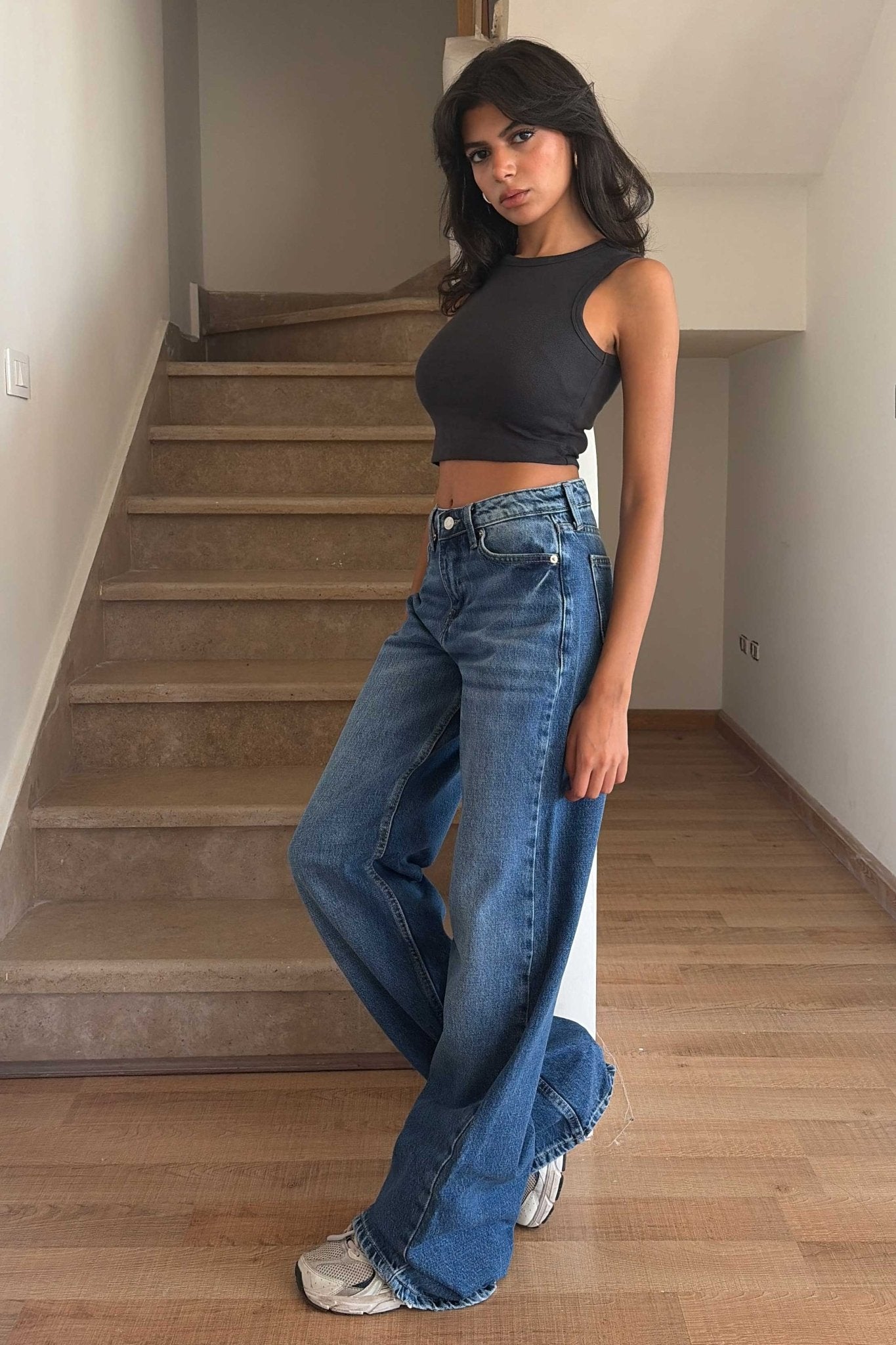 Wide Leg – Mid Rise Mid Blue Jeans Mom-Fit CIZARO - Cizaro Jeans