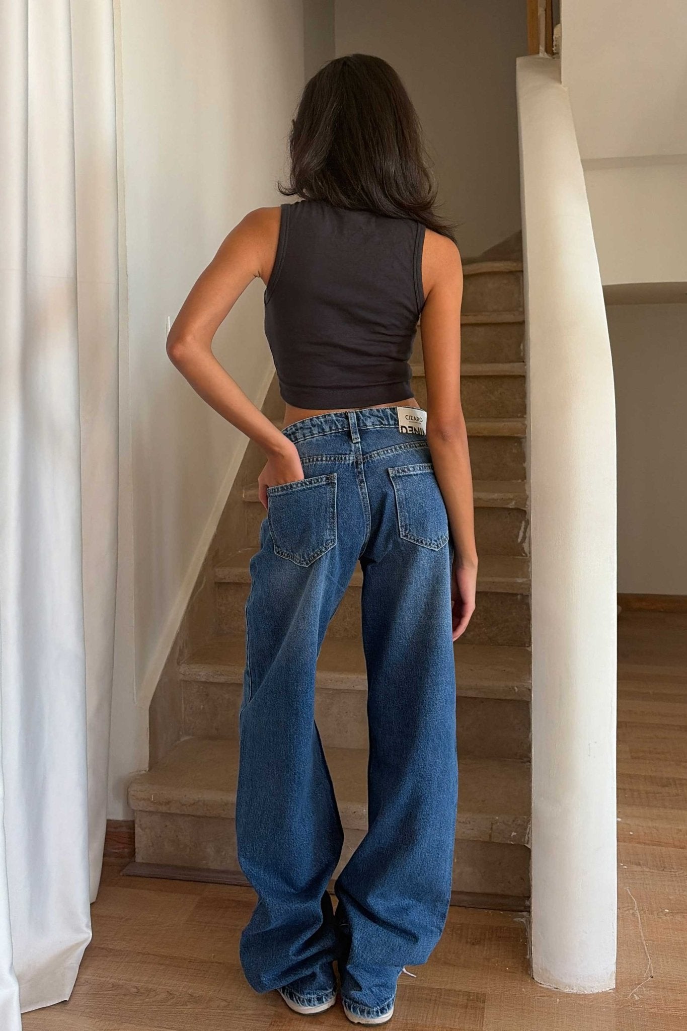 Wide Leg – Mid Rise Mid Blue Jeans Mom-Fit CIZARO - Cizaro Jeans