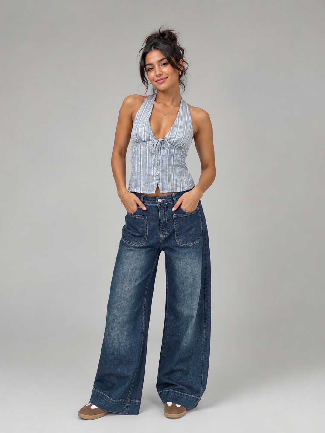 Wide-Leg High-Waist Vintage Blue Jeans with Pockets Wide-leg CIZARO - Cizaro Jeans