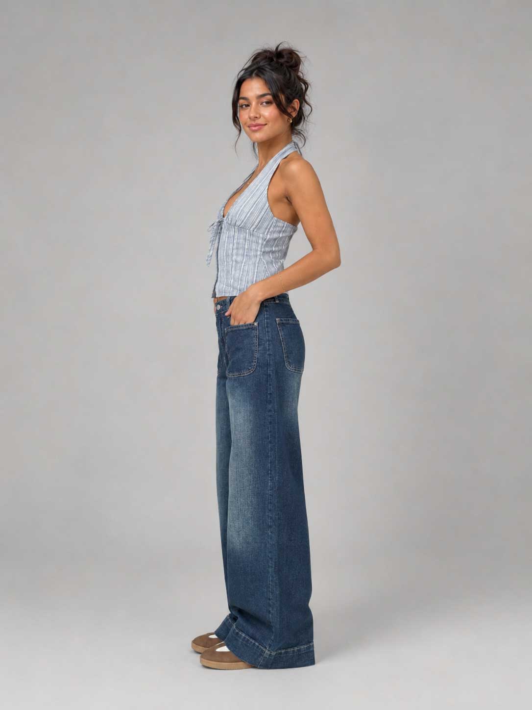 Wide-Leg High-Waist Vintage Blue Jeans with Pockets Wide-leg CIZARO - Cizaro Jeans