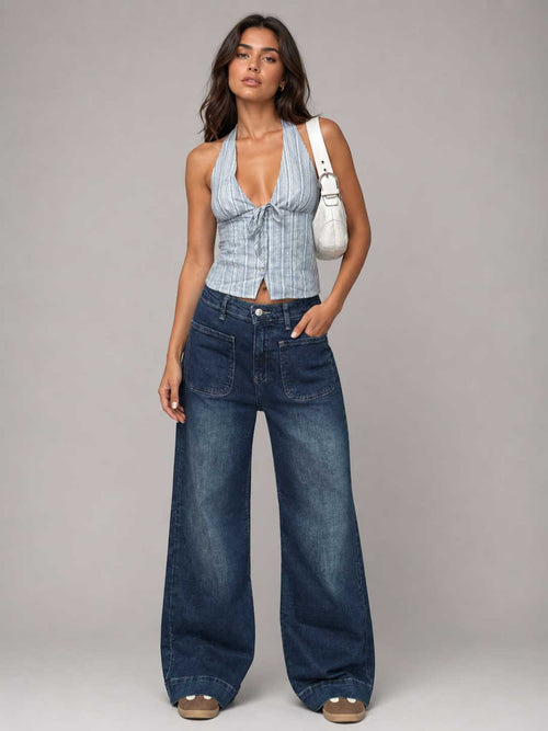 Wide-Leg High-Waist Vintage Blue Jeans with Pockets Wide-leg CIZARO - Cizaro Jeans