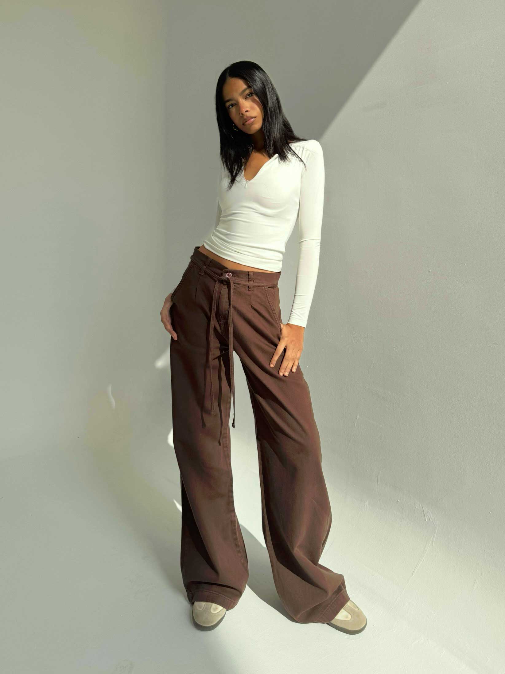Wide Leg | Mid Rise Tie-Belt Pants – Dark Chocolate wide leg CIZARO - Cizaro Jeans