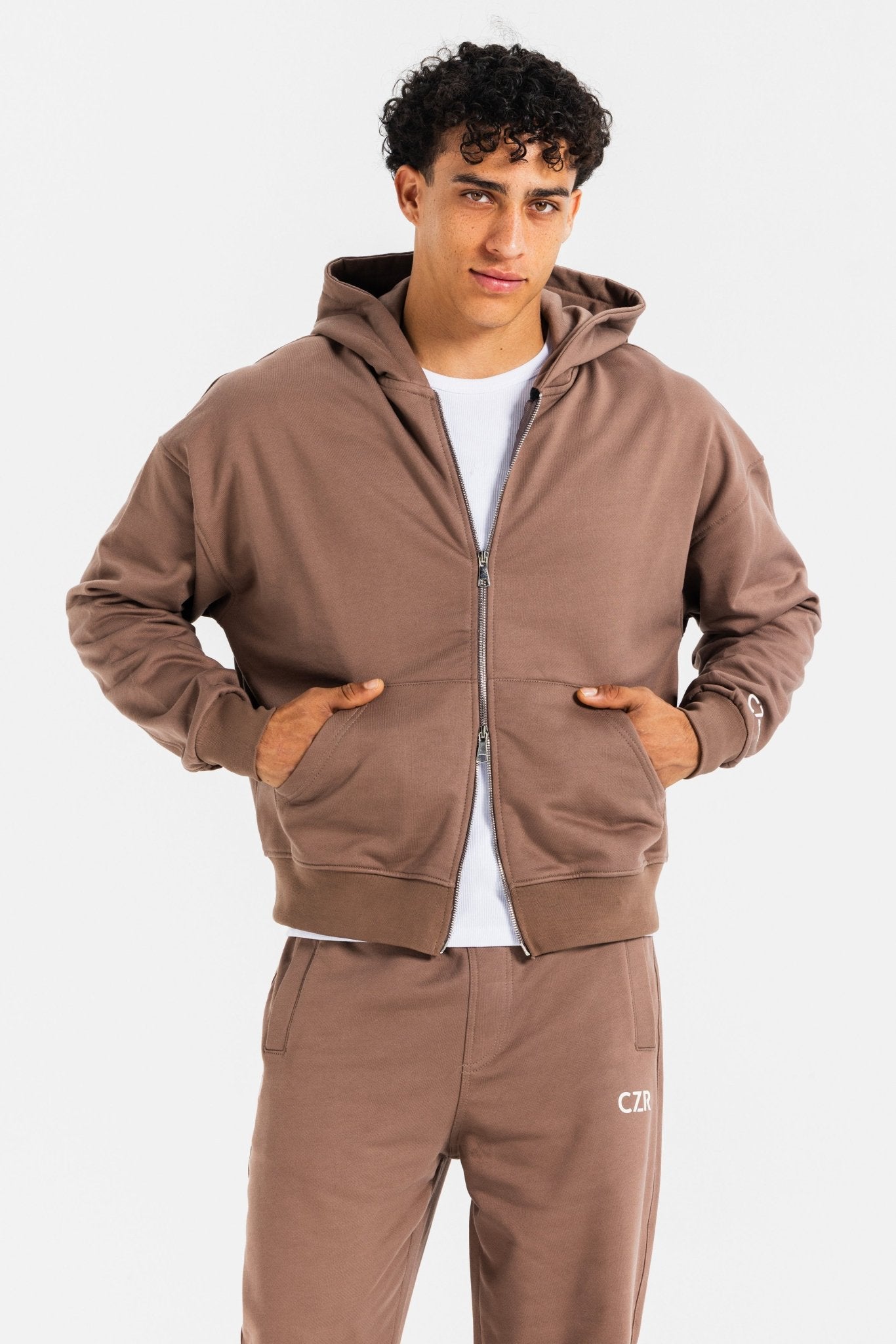 Zip-Up Hoodie – Stone Brown Hoodie-Man CIZARO - Cizaro Jeans