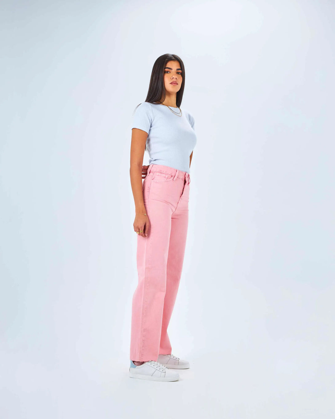 Bright Pastel Pink High Waisted Washed Raw Hem Straight Wide