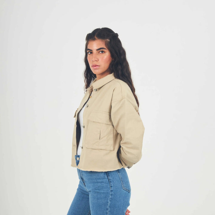Cropped Beige Flap Pocket Denim Jacket.